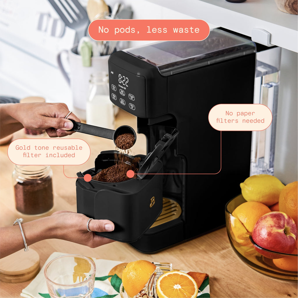 Beautiful Perfect Grind™ Programmable Single Serve Coffee Maker with Build-In Grinder, White Icing by Drew Barrymore