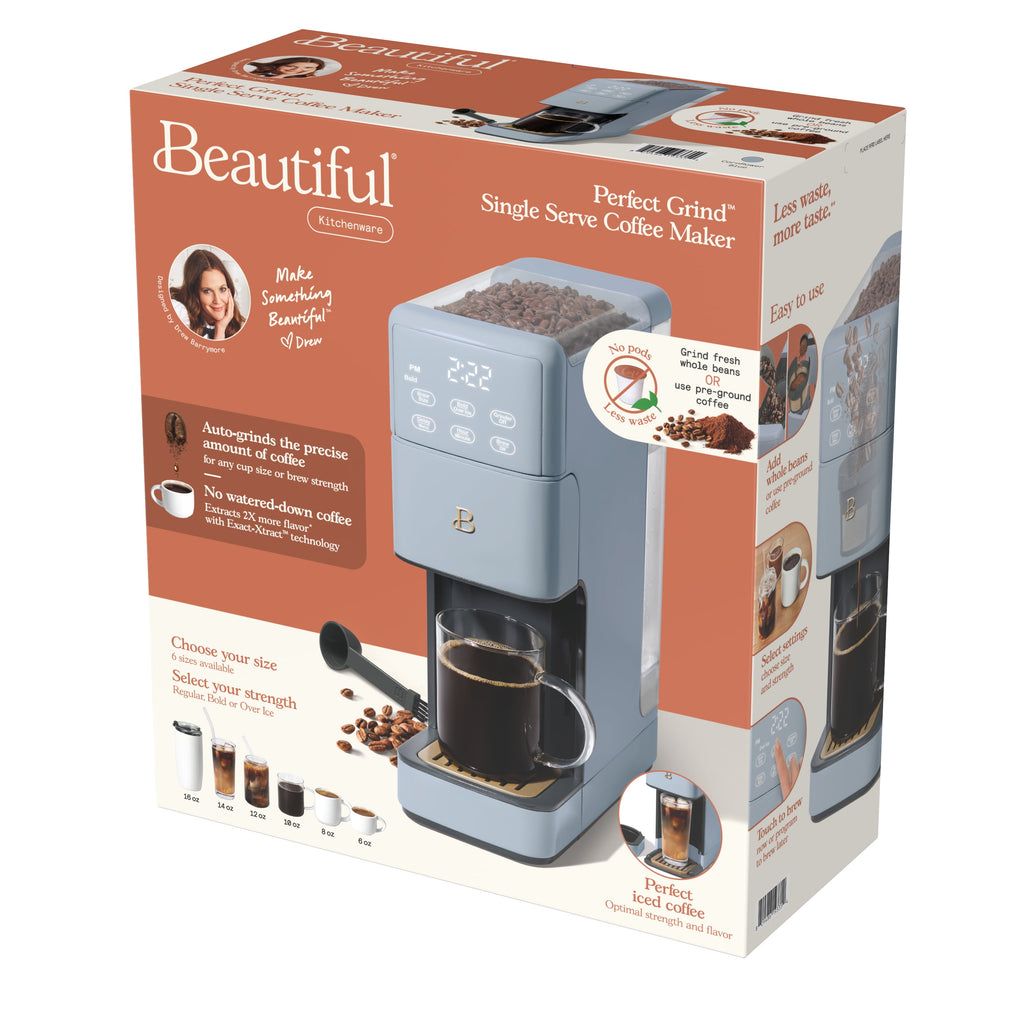 Beautiful Perfect Grind™ Programmable Single Serve Coffee Maker with Build-In Grinder, White Icing by Drew Barrymore