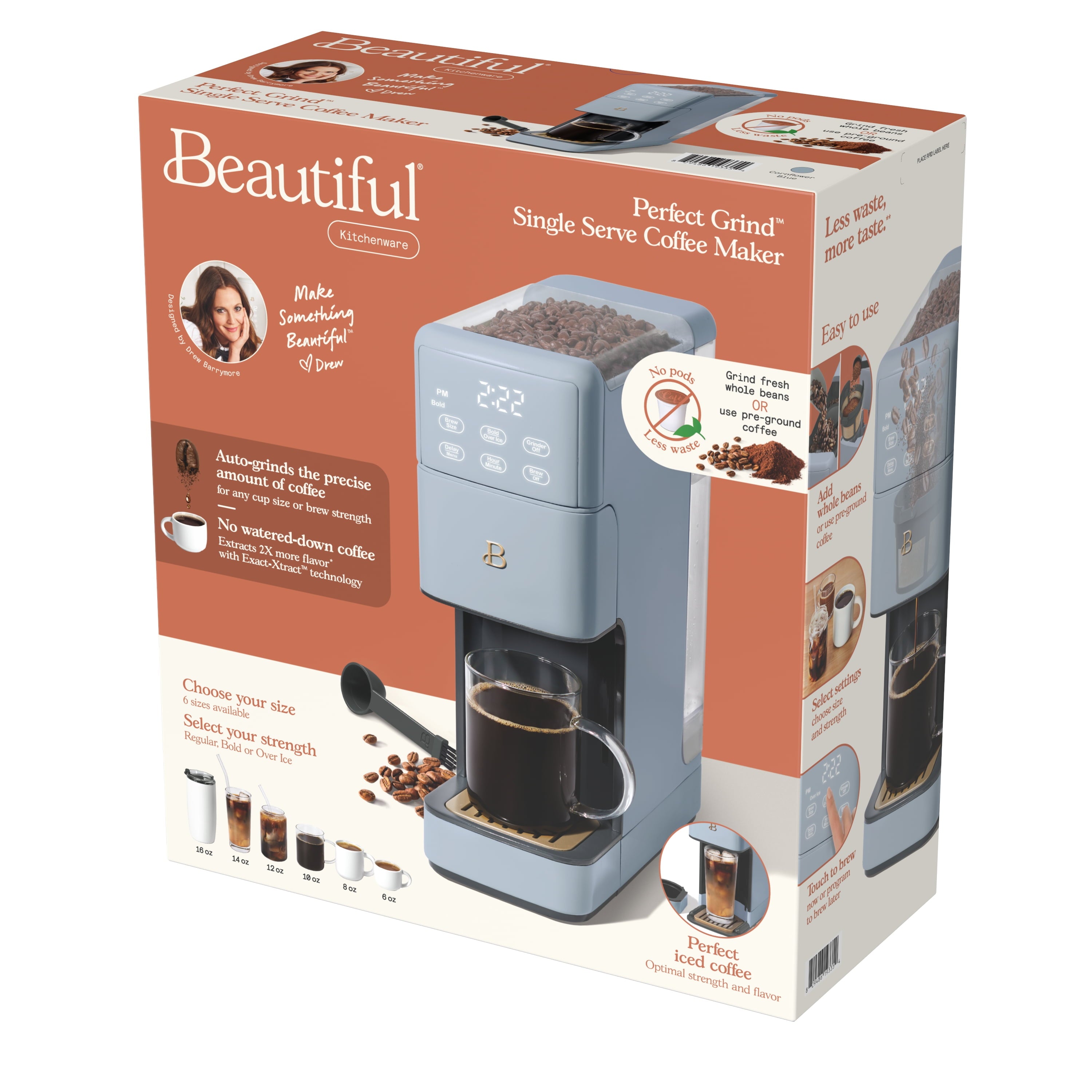 Beautiful Perfect Grind™ Programmable Single Serve Coffee Maker with Build-In Grinder, White Icing by Drew Barrymore