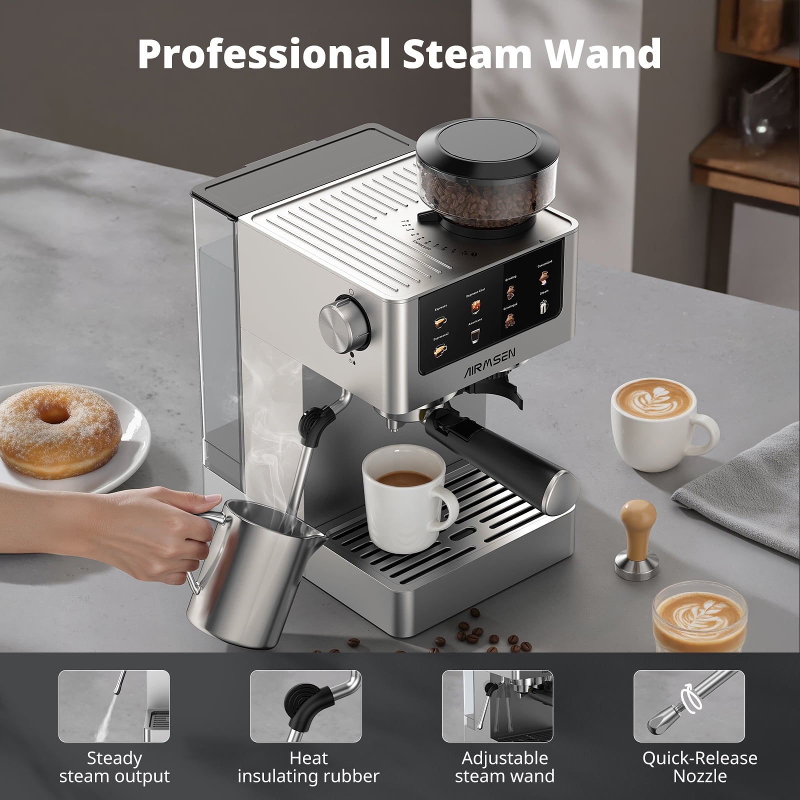 AIRMSEN Espresso Machine with Grinder, Espresso Coffee Machine with Customized Grind Amount & Coffee Volume, Cold Brew Coffee Maker for Cappuccino Latte Americano, Brushed Stainless Steel