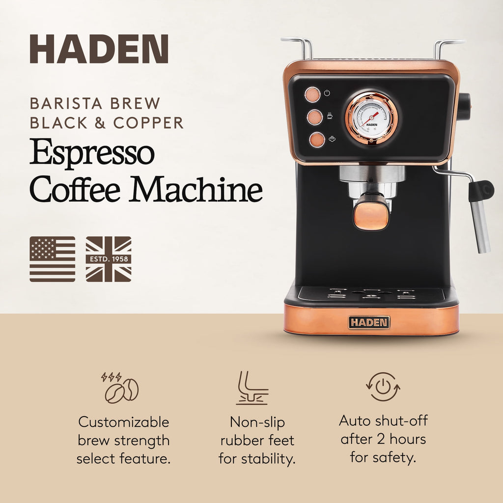 Haden Barista Brew Espresso Coffee Machine w/Froth Function, Black & Copper