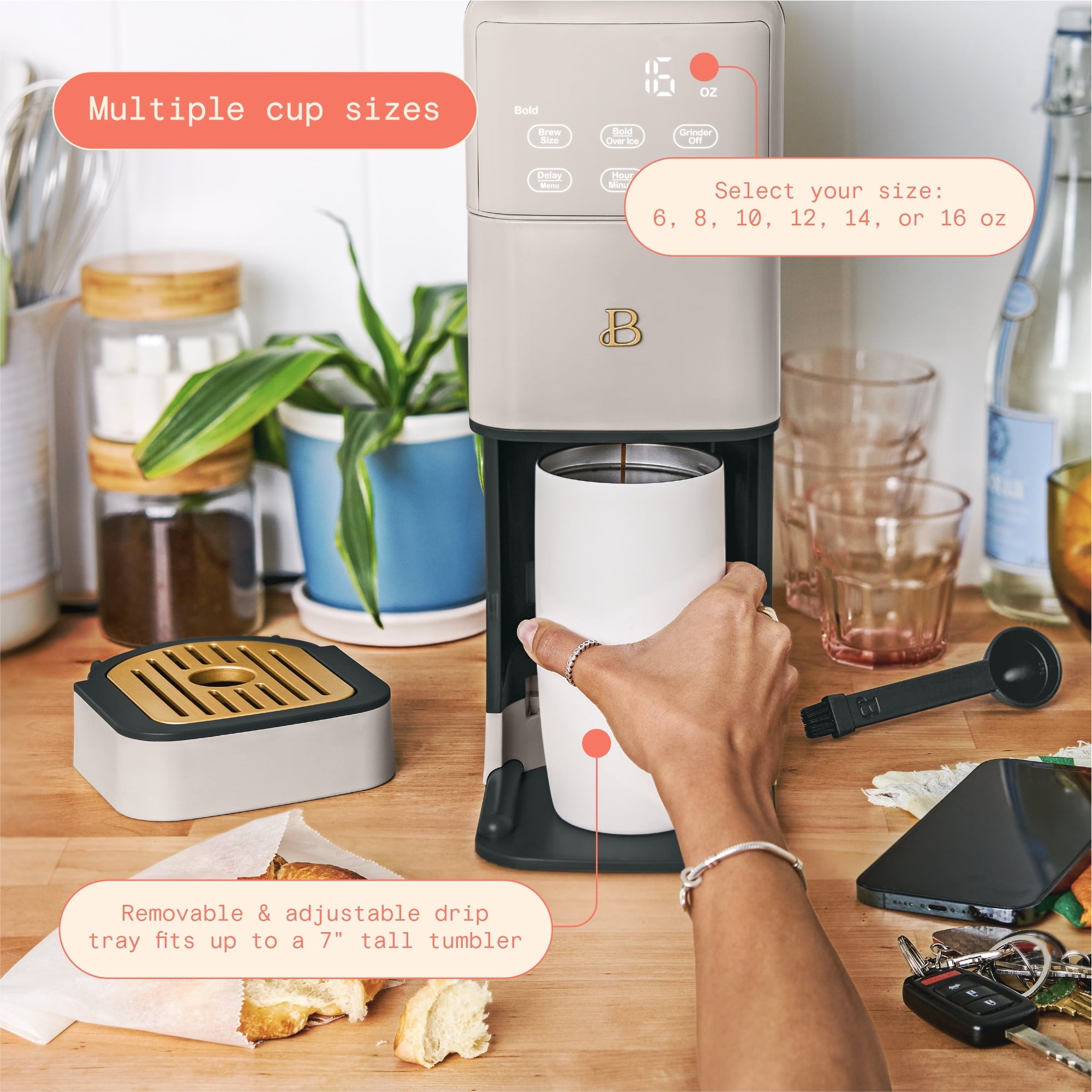 Beautiful Perfect Grind™ Programmable Single Serve Coffee Maker with Build-In Grinder, White Icing by Drew Barrymore