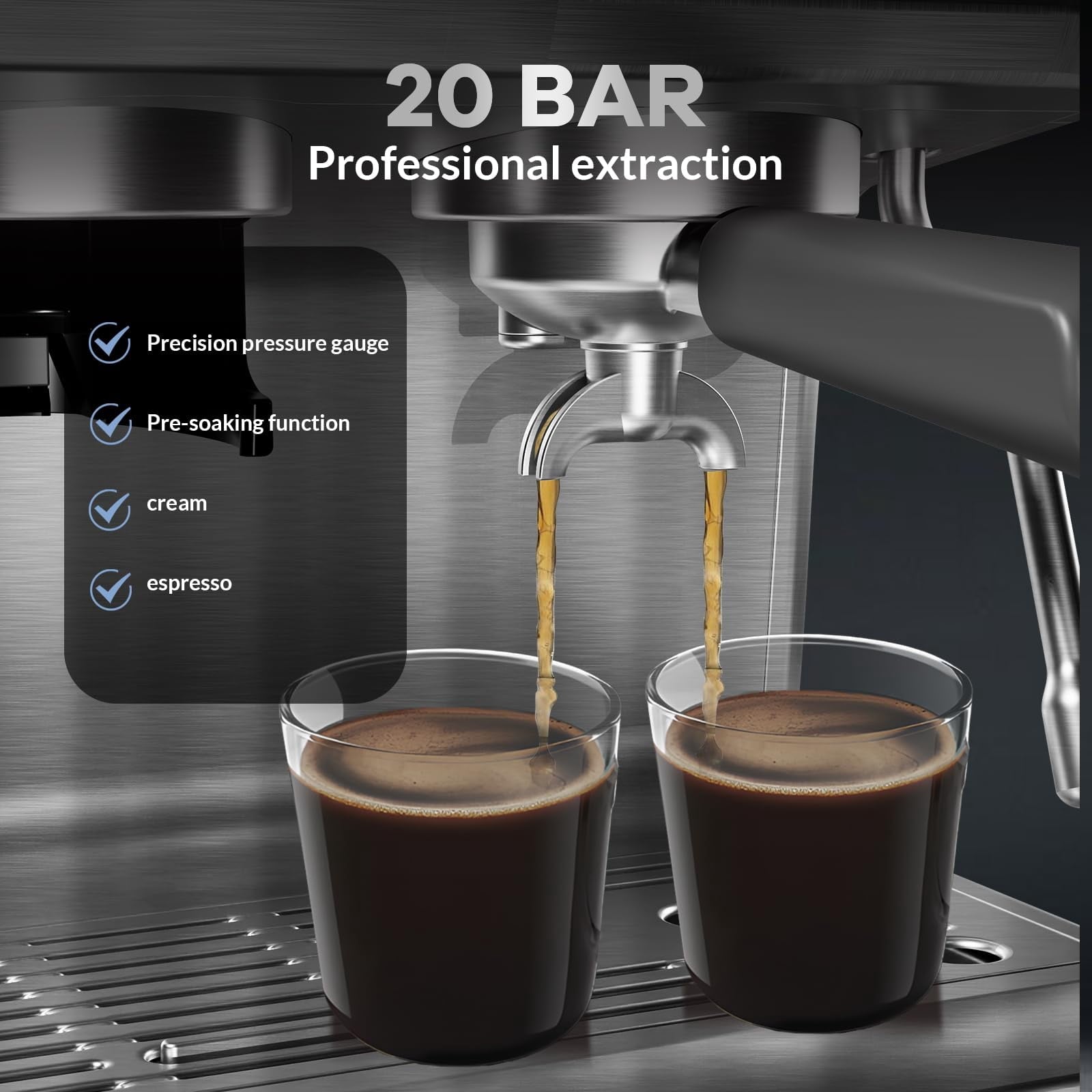 Kicctian 20 Bar Semi-Automatic Coffee Maker with Built-In Grinder, 30 Grind Settings, Large 2.8L Removable Water Tank, Milk Frother & Steam Wand for Latte & Cappuccino