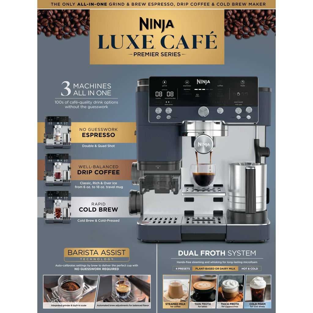Ninja Luxe Café Premier Espresso Machine & Drip Coffee Maker, Rapid Cold Brew, Integrated Grinder, Assisted Tamper, Hands-Free Frother for Cappuccinos, Dairy or Non-Dairy, ES600 Stainless Steel