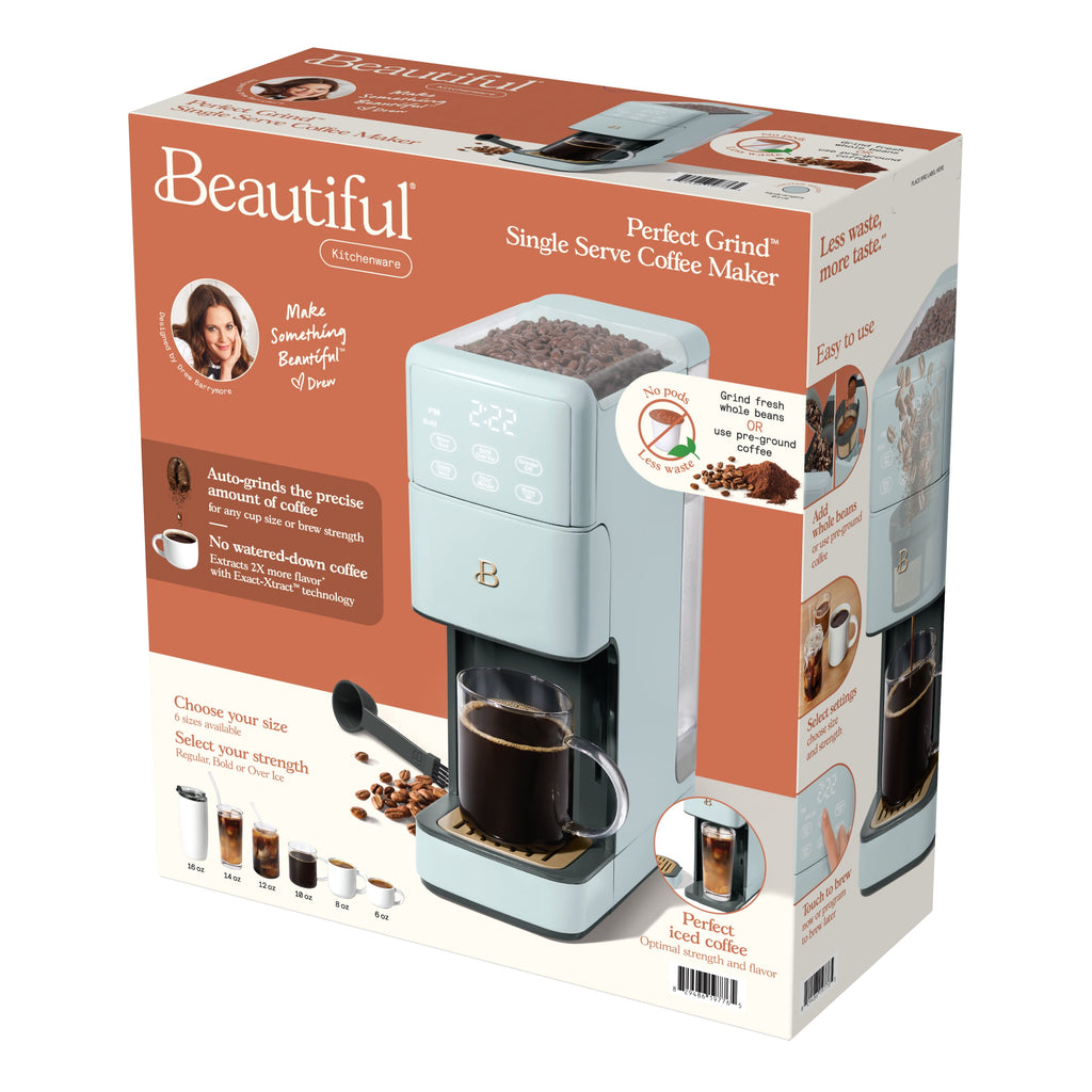 Beautiful Perfect Grind™ Programmable Single Serve Coffee Maker with Build-In Grinder, White Icing by Drew Barrymore