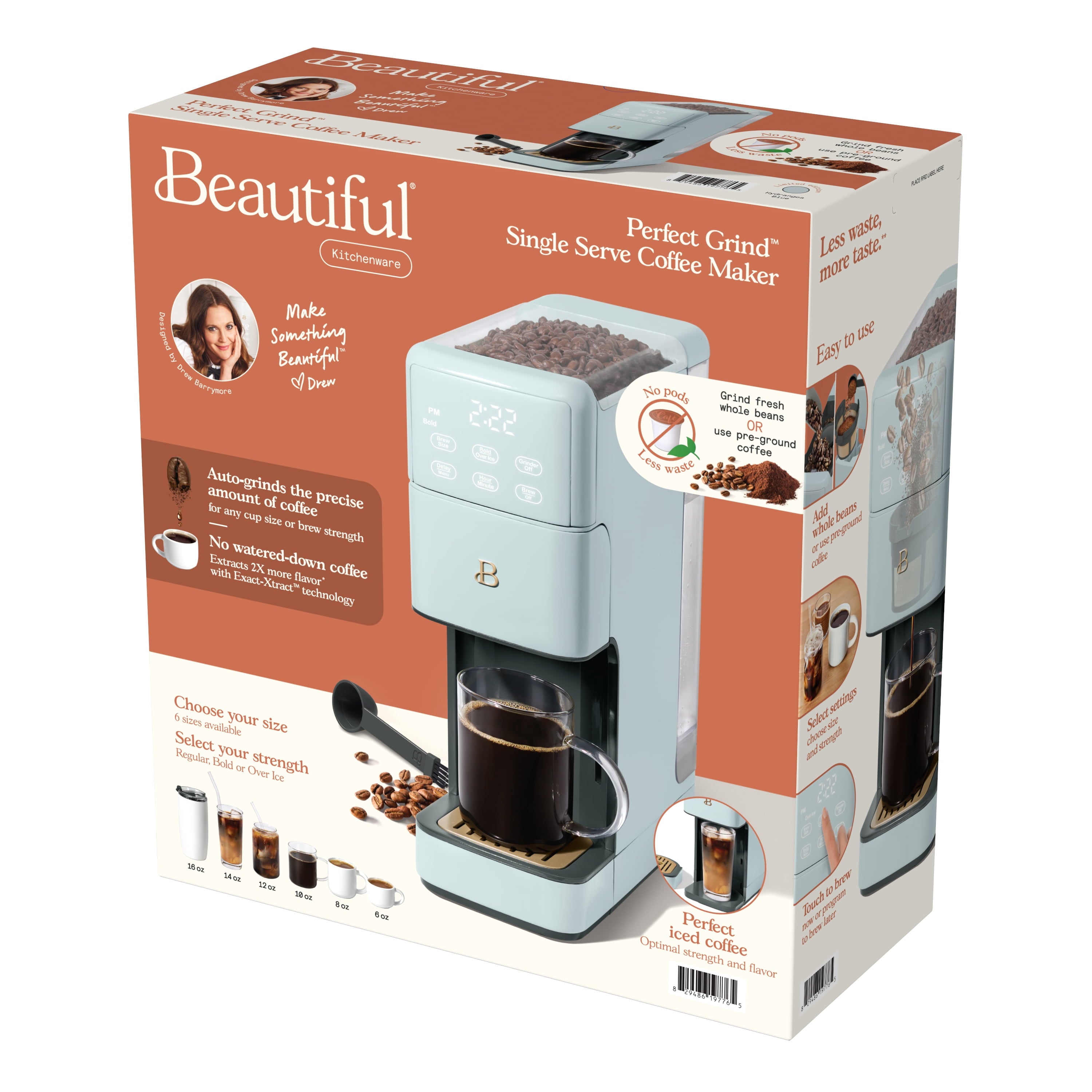 Beautiful Perfect Grind™ Programmable Single Serve Coffee Maker with Build-In Grinder, White Icing by Drew Barrymore