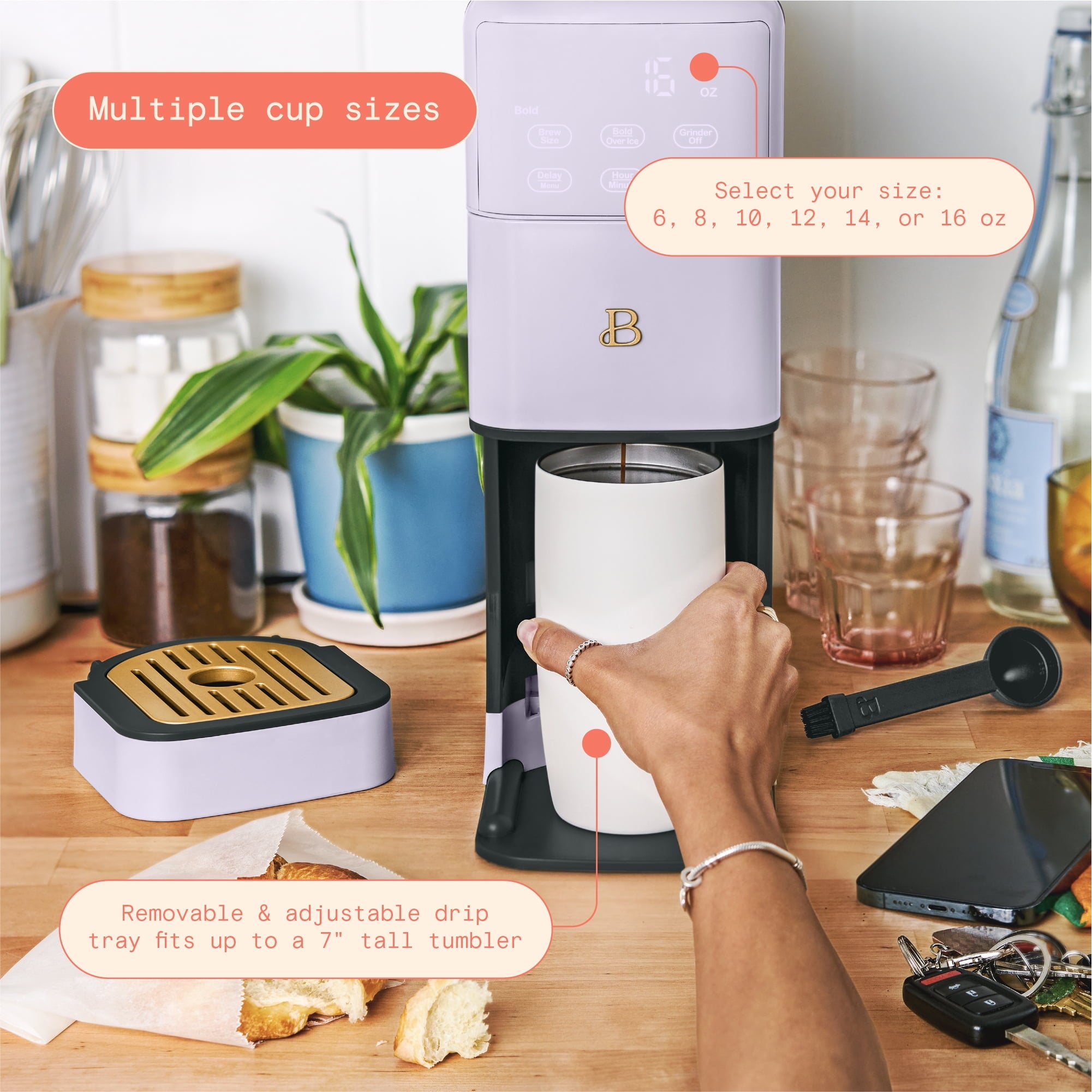 Beautiful Perfect Grind™ Programmable Single Serve Coffee Maker with Build-In Grinder, White Icing by Drew Barrymore
