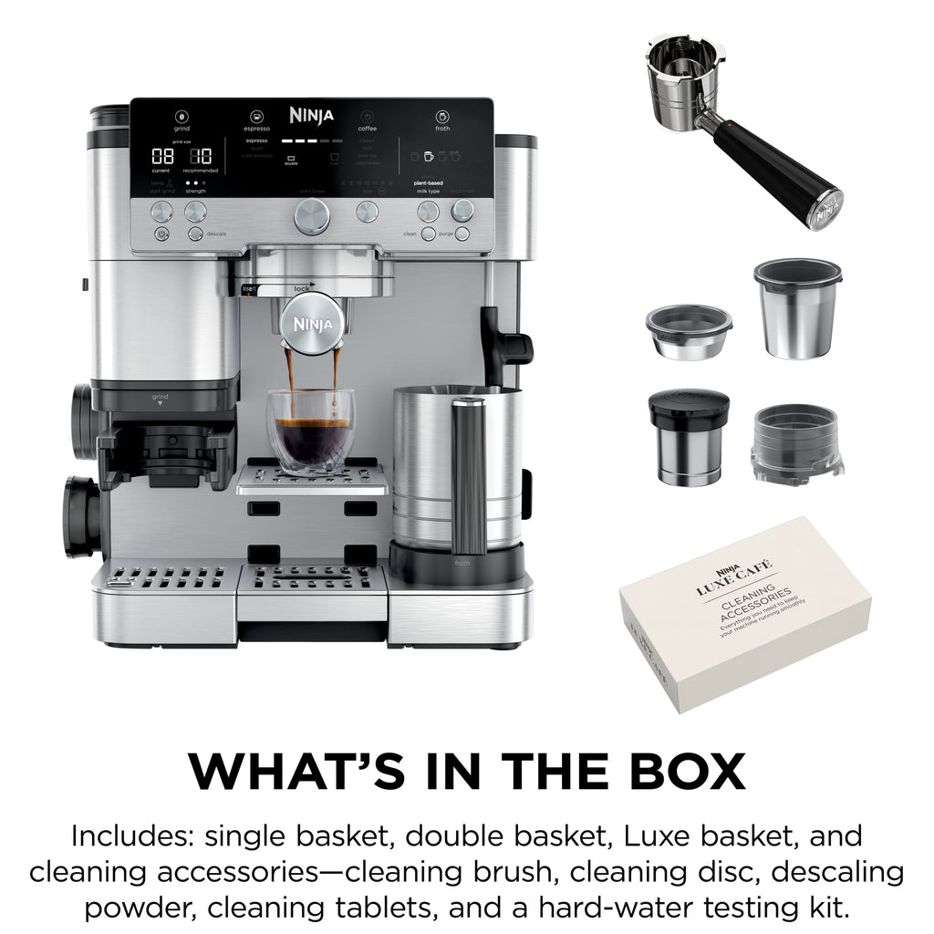 Ninja Luxe Café Premier Espresso Machine & Drip Coffee Maker, Rapid Cold Brew, Integrated Grinder, Assisted Tamper, Hands-Free Frother for Cappuccinos, Dairy or Non-Dairy, ES600 Stainless Steel