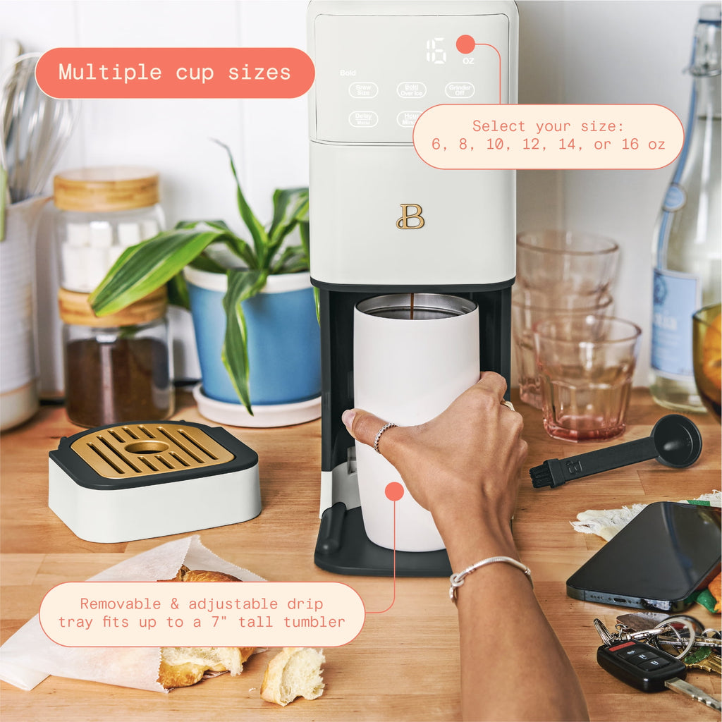 Beautiful Perfect Grind™ Programmable Single Serve Coffee Maker with Build-In Grinder, White Icing by Drew Barrymore