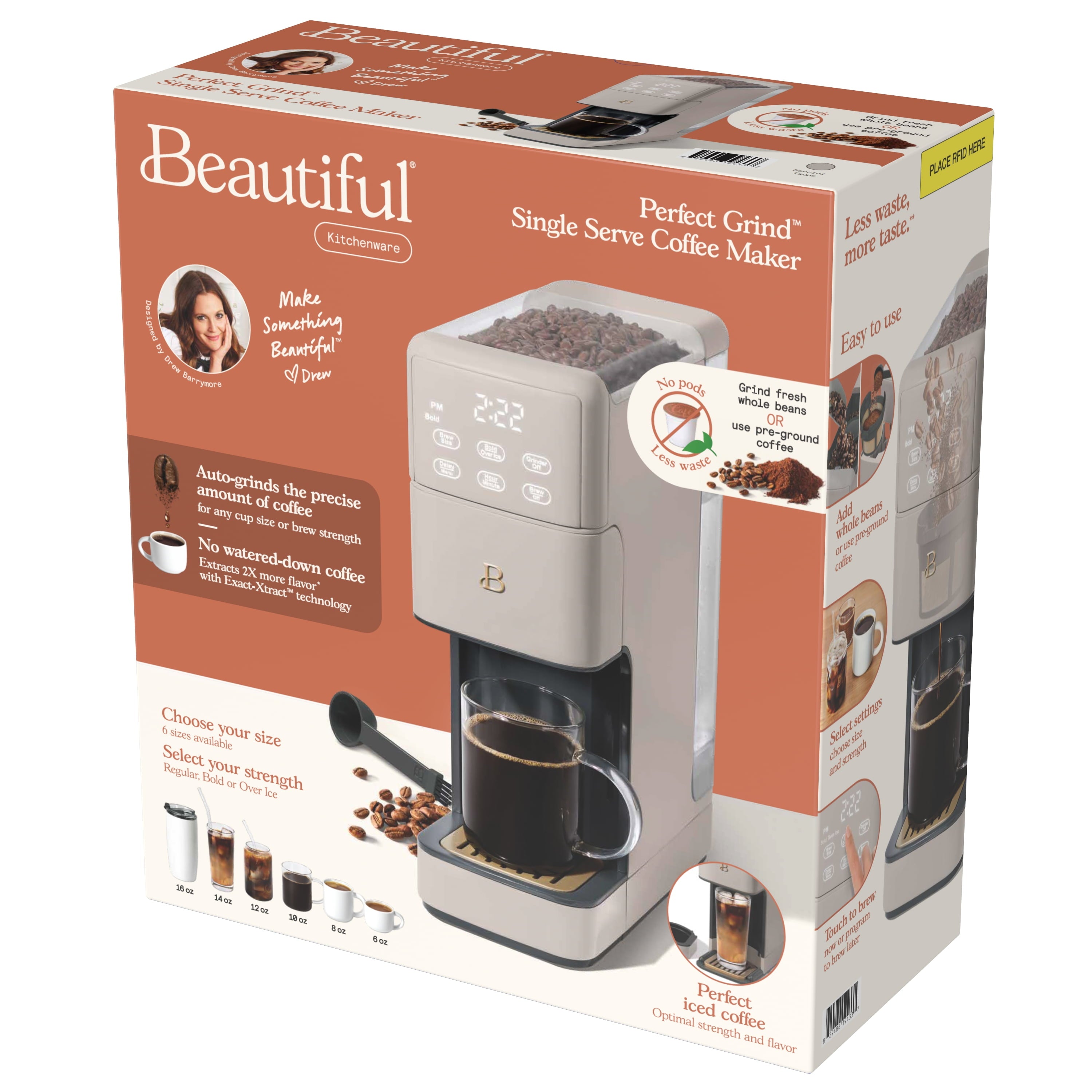 Beautiful Perfect Grind™ Programmable Single Serve Coffee Maker with Build-In Grinder, White Icing by Drew Barrymore