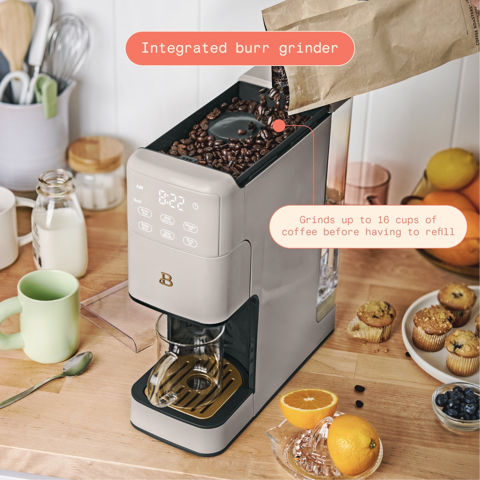 Beautiful Perfect Grind™ Programmable Single Serve Coffee Maker with Build-In Grinder, White Icing by Drew Barrymore