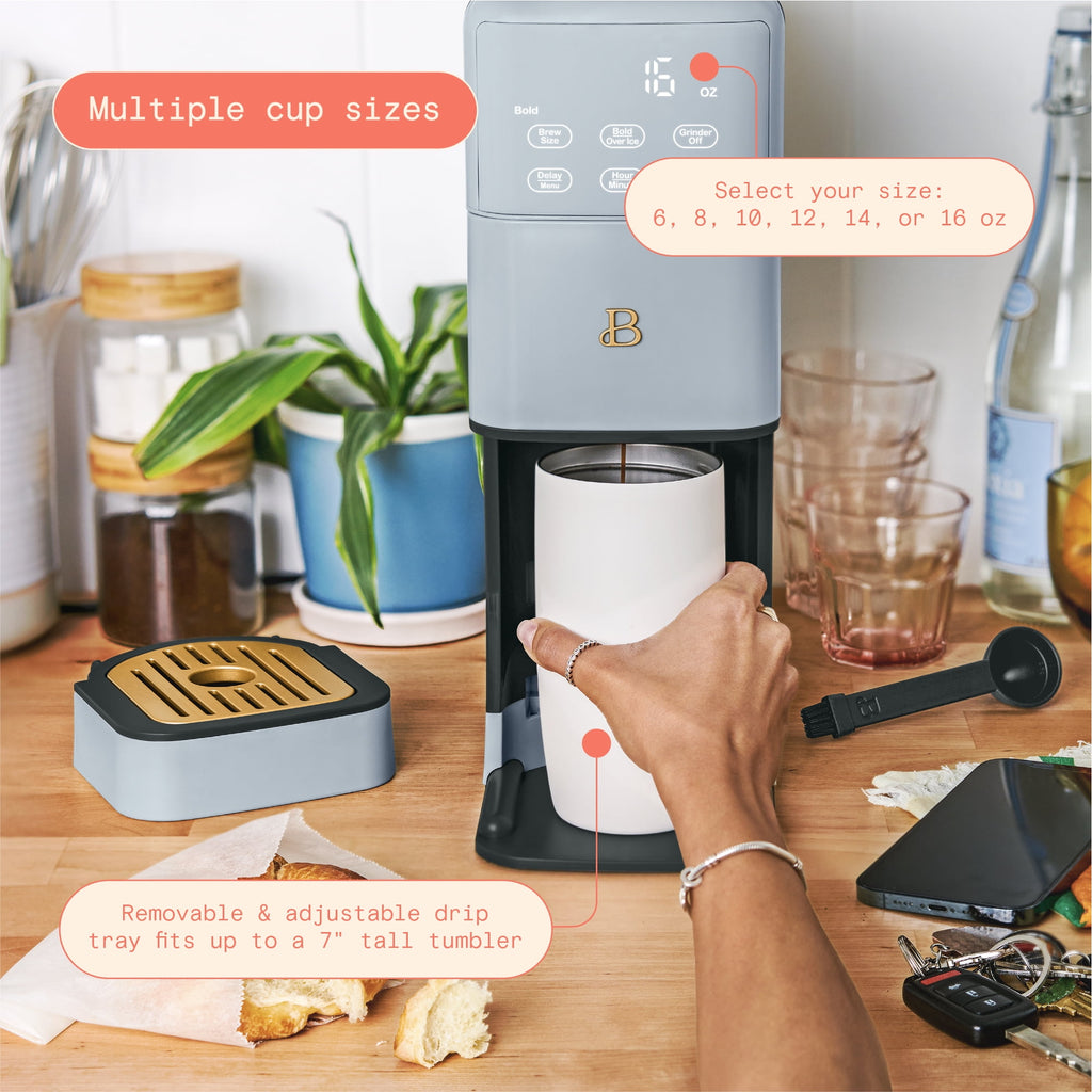 Beautiful Perfect Grind™ Programmable Single Serve Coffee Maker with Build-In Grinder, White Icing by Drew Barrymore