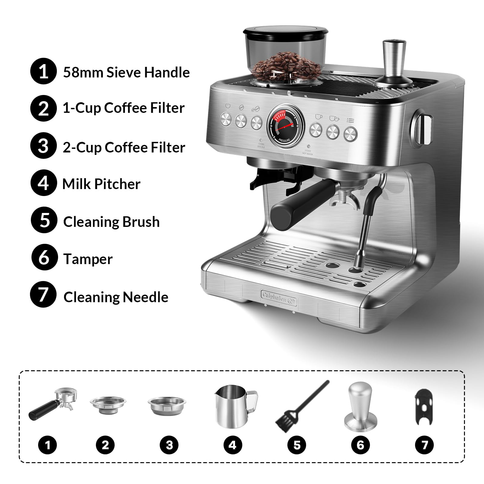 Kicctian 20 Bar Semi-Automatic Coffee Maker with Built-In Grinder, 30 Grind Settings, Large 2.8L Removable Water Tank, Milk Frother & Steam Wand for Latte & Cappuccino