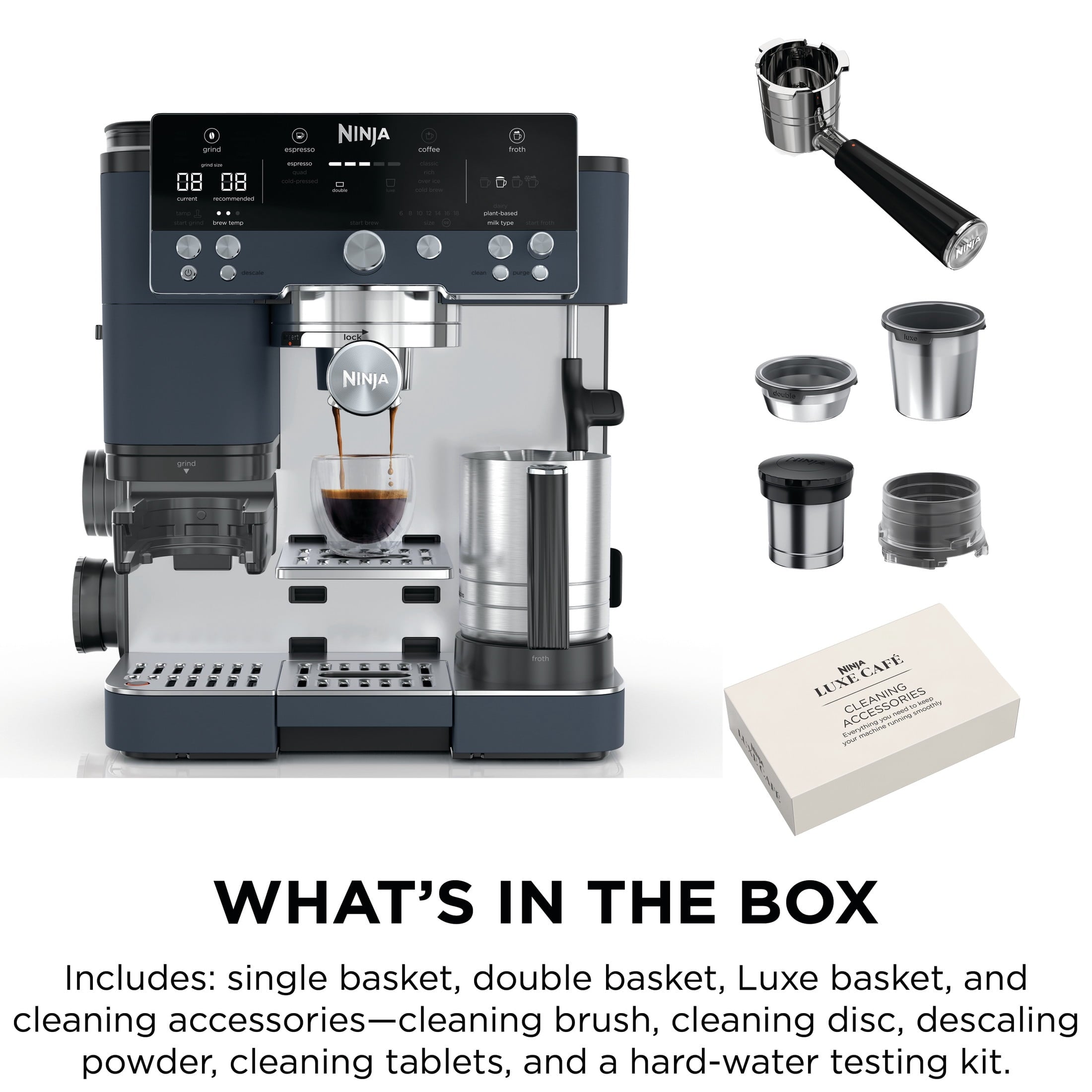 Ninja Luxe Café Premier Espresso Machine & Drip Coffee Maker, Rapid Cold Brew, Integrated Grinder, Assisted Tamper, Hands-Free Frother for Cappuccinos, Dairy or Non-Dairy, ES600 Stainless Steel