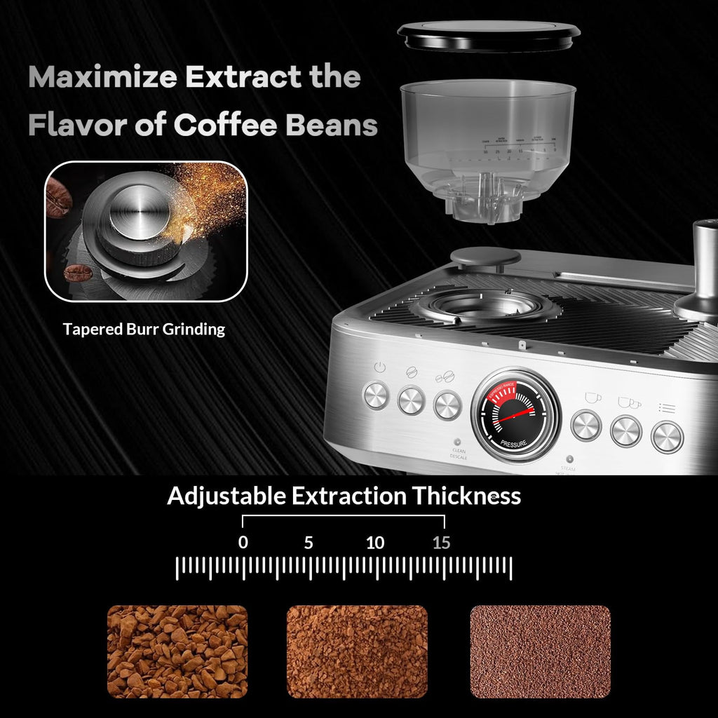 Kicctian 20 Bar Semi-Automatic Coffee Maker with Built-In Grinder, 30 Grind Settings, Large 2.8L Removable Water Tank, Milk Frother & Steam Wand for Latte & Cappuccino