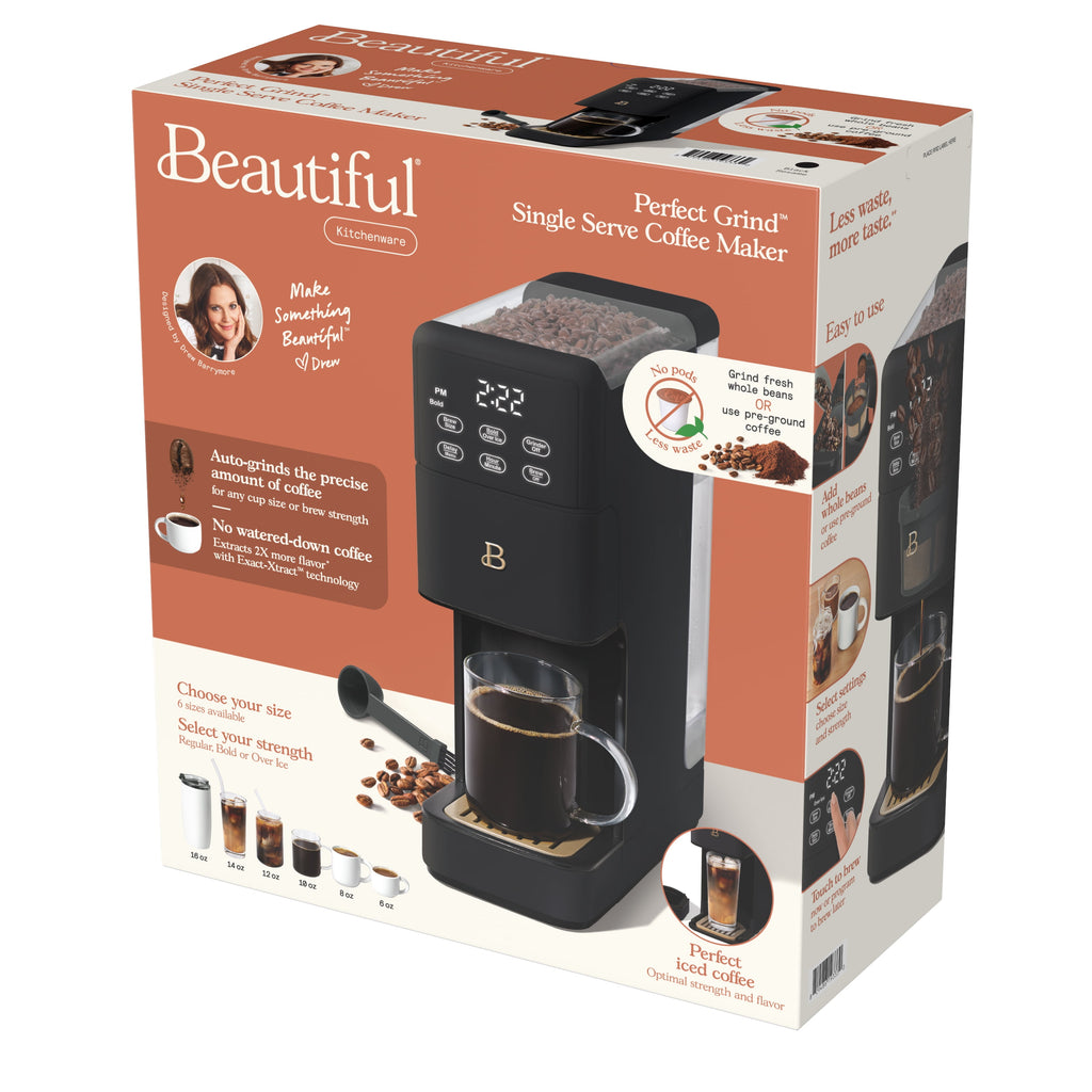 Beautiful Perfect Grind™ Programmable Single Serve Coffee Maker with Build-In Grinder, White Icing by Drew Barrymore