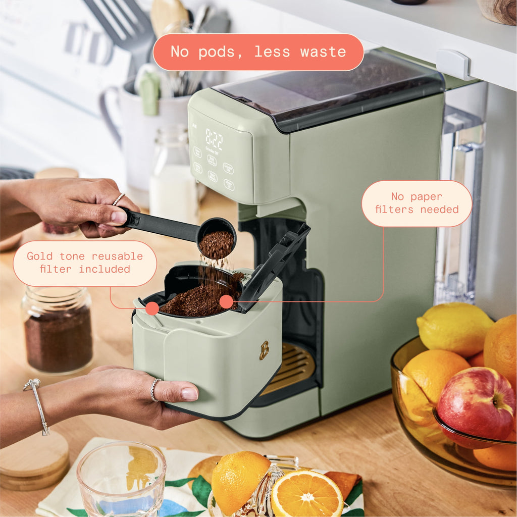 Beautiful Perfect Grind™ Programmable Single Serve Coffee Maker with Build-In Grinder, White Icing by Drew Barrymore