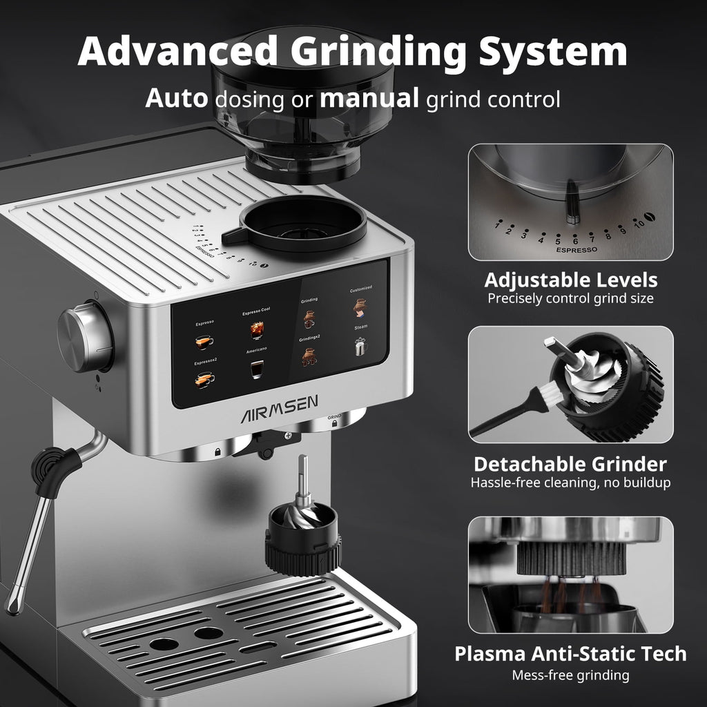AIRMSEN Espresso Machine with Grinder, Espresso Coffee Machine with Customized Grind Amount & Coffee Volume, Cold Brew Coffee Maker for Cappuccino Latte Americano, Brushed Stainless Steel