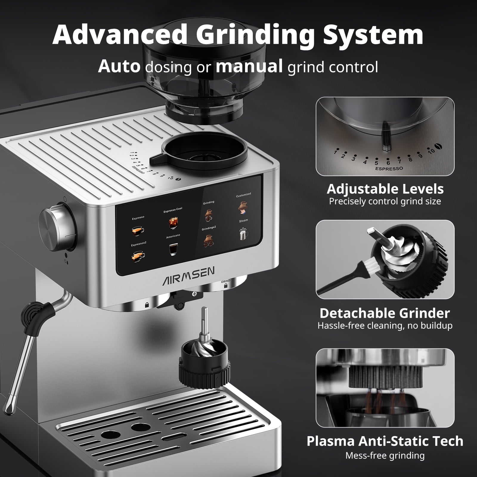 AIRMSEN Espresso Machine with Grinder, Espresso Coffee Machine with Customized Grind Amount & Coffee Volume, Cold Brew Coffee Maker for Cappuccino Latte Americano, Brushed Stainless Steel