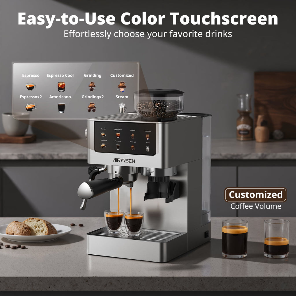AIRMSEN Espresso Machine with Grinder, Espresso Coffee Machine with Customized Grind Amount & Coffee Volume, Cold Brew Coffee Maker for Cappuccino Latte Americano, Brushed Stainless Steel