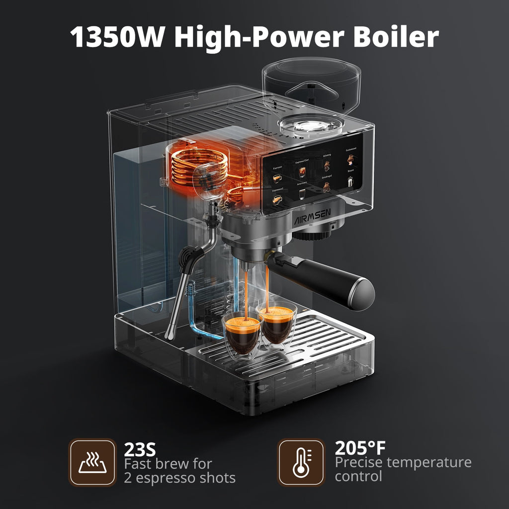 AIRMSEN Espresso Machine with Grinder, Espresso Coffee Machine with Customized Grind Amount & Coffee Volume, Cold Brew Coffee Maker for Cappuccino Latte Americano, Brushed Stainless Steel