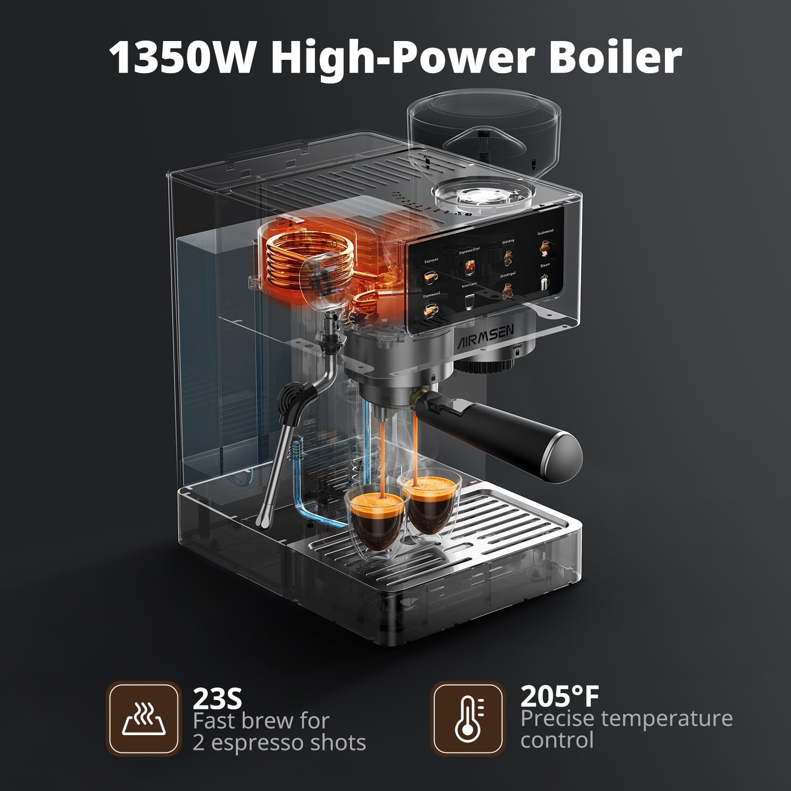 AIRMSEN Espresso Machine with Grinder, Espresso Coffee Machine with Customized Grind Amount & Coffee Volume, Cold Brew Coffee Maker for Cappuccino Latte Americano, Brushed Stainless Steel