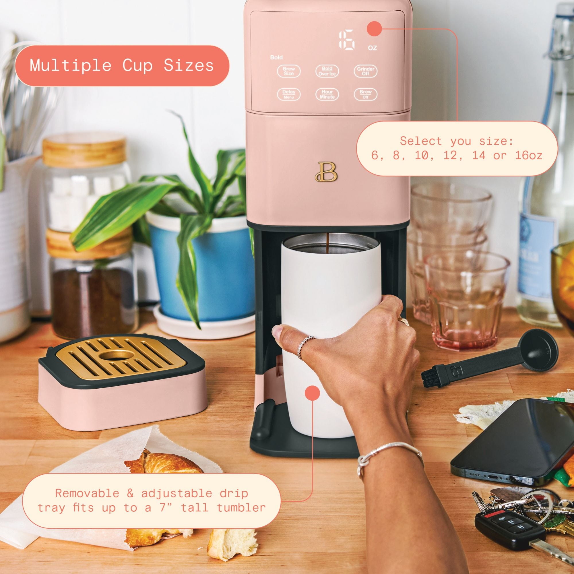Beautiful Perfect Grind™ Programmable Single Serve Coffee Maker with Build-In Grinder, White Icing by Drew Barrymore