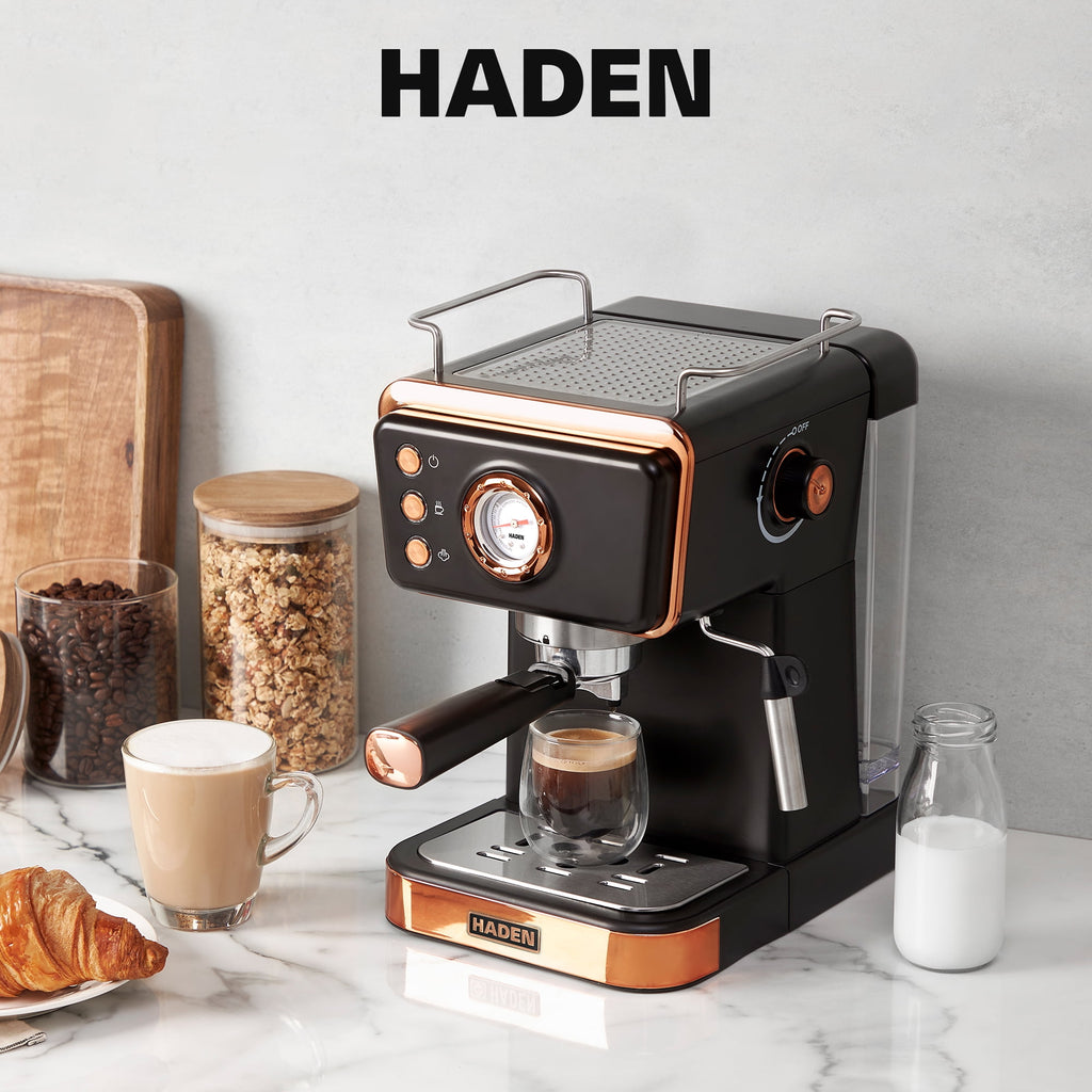 Haden Barista Brew Espresso Coffee Machine w/Froth Function, Black & Copper