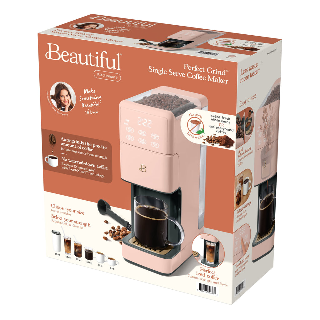 Beautiful Perfect Grind™ Programmable Single Serve Coffee Maker with Build-In Grinder, White Icing by Drew Barrymore