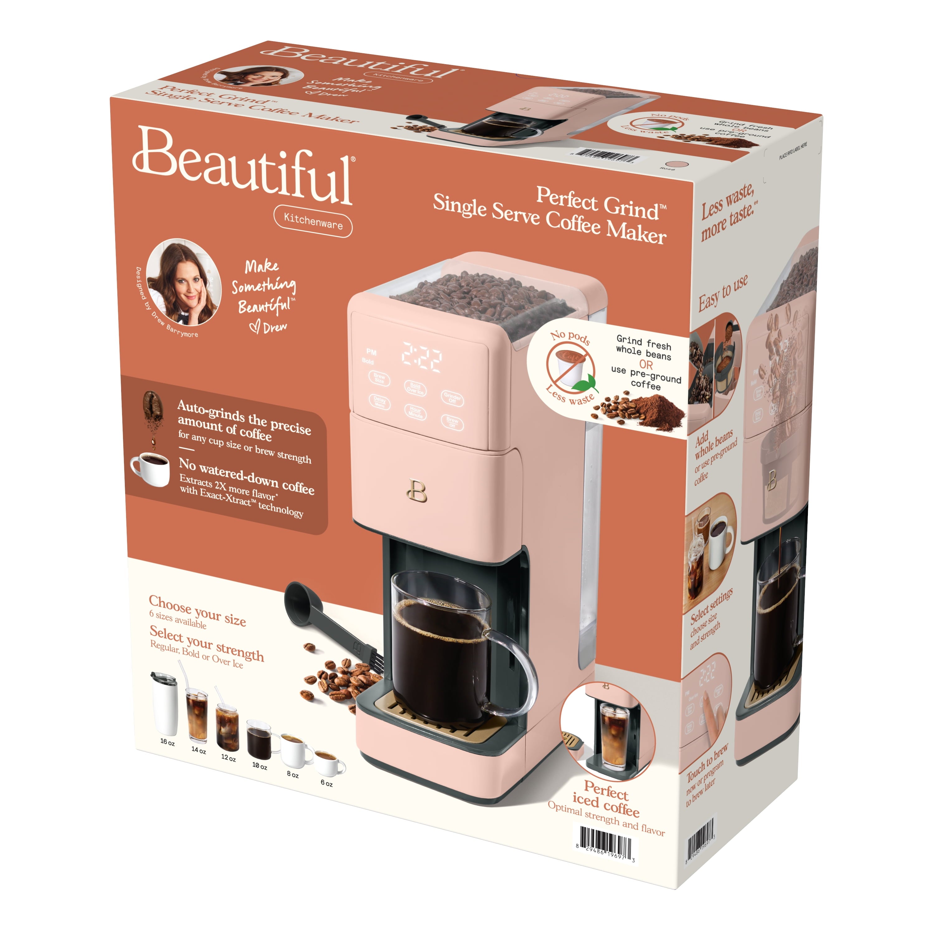 Beautiful Perfect Grind™ Programmable Single Serve Coffee Maker with Build-In Grinder, White Icing by Drew Barrymore