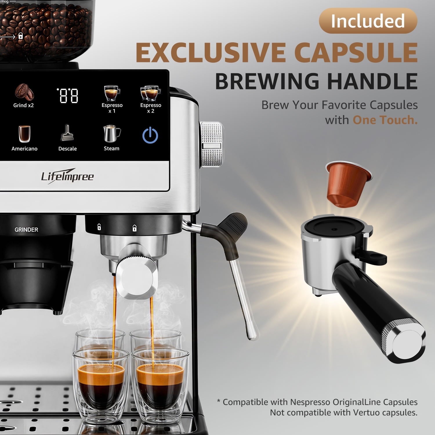 LifeImpree Espresso Machine with Grinder, 20 Bar Coffee Machine for Home with Powerful Milk Frother Steam Wand, 30 Grind Settings, 1550W Coffee Maker with Portafilter for Capsules