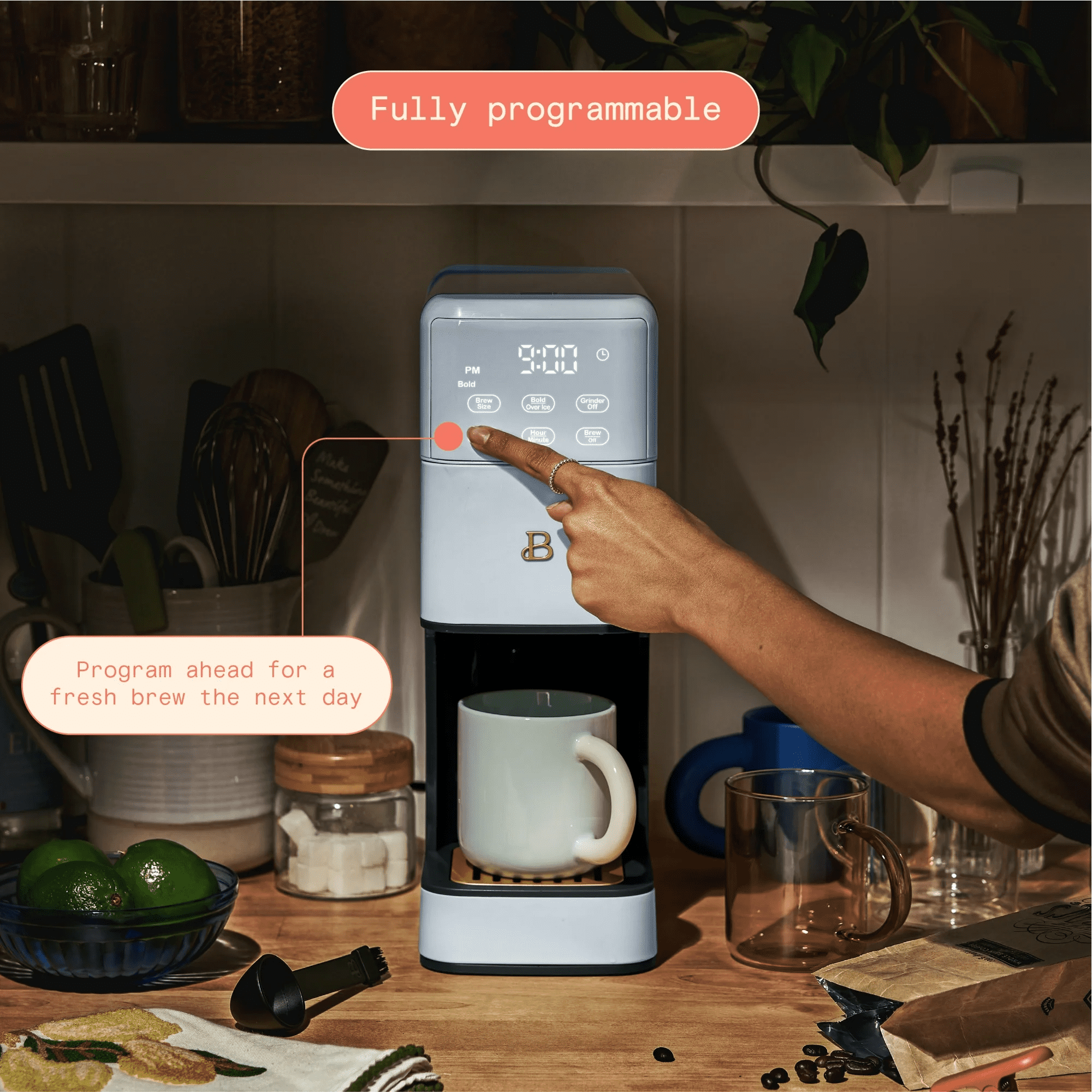 Beautiful Perfect Grind™ Programmable Single Serve Coffee Maker with Build-In Grinder, White Icing by Drew Barrymore