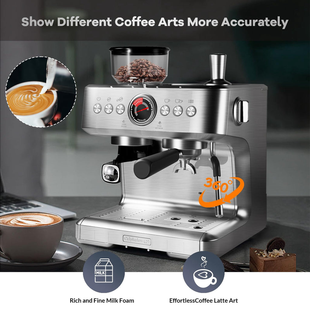 Kicctian 20 Bar Semi-Automatic Coffee Maker with Built-In Grinder, 30 Grind Settings, Large 2.8L Removable Water Tank, Milk Frother & Steam Wand for Latte & Cappuccino