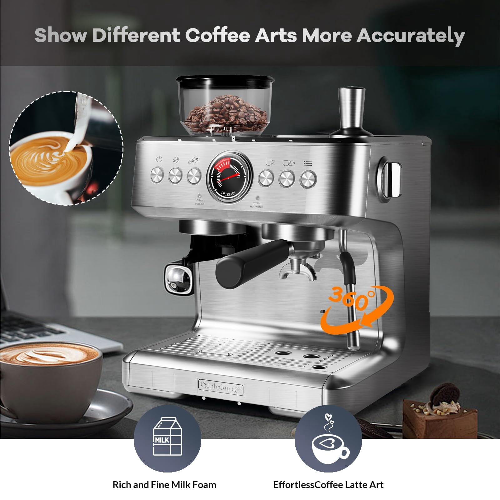 Kicctian 20 Bar Semi-Automatic Coffee Maker with Built-In Grinder, 30 Grind Settings, Large 2.8L Removable Water Tank, Milk Frother & Steam Wand for Latte & Cappuccino