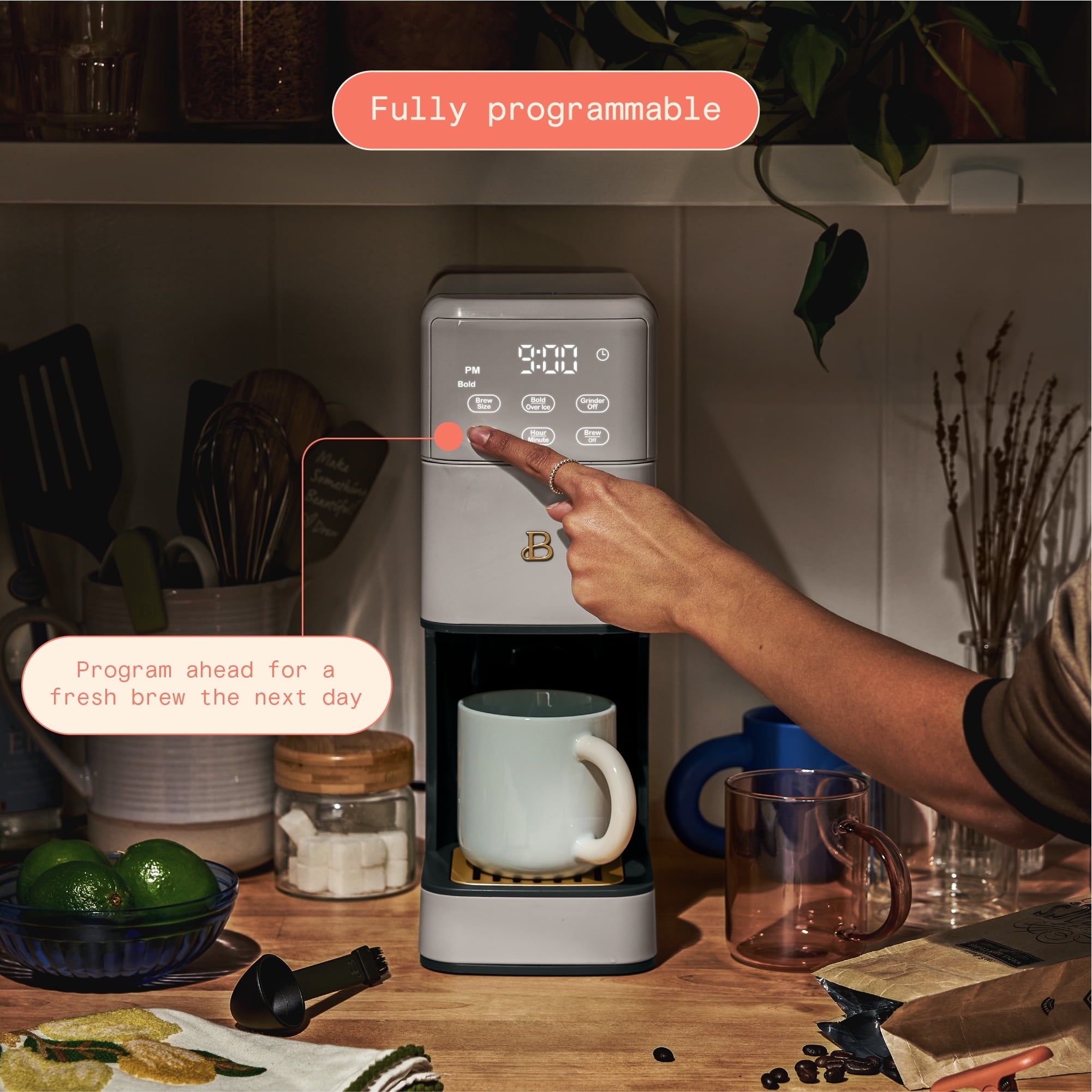 Beautiful Perfect Grind™ Programmable Single Serve Coffee Maker with Build-In Grinder, White Icing by Drew Barrymore