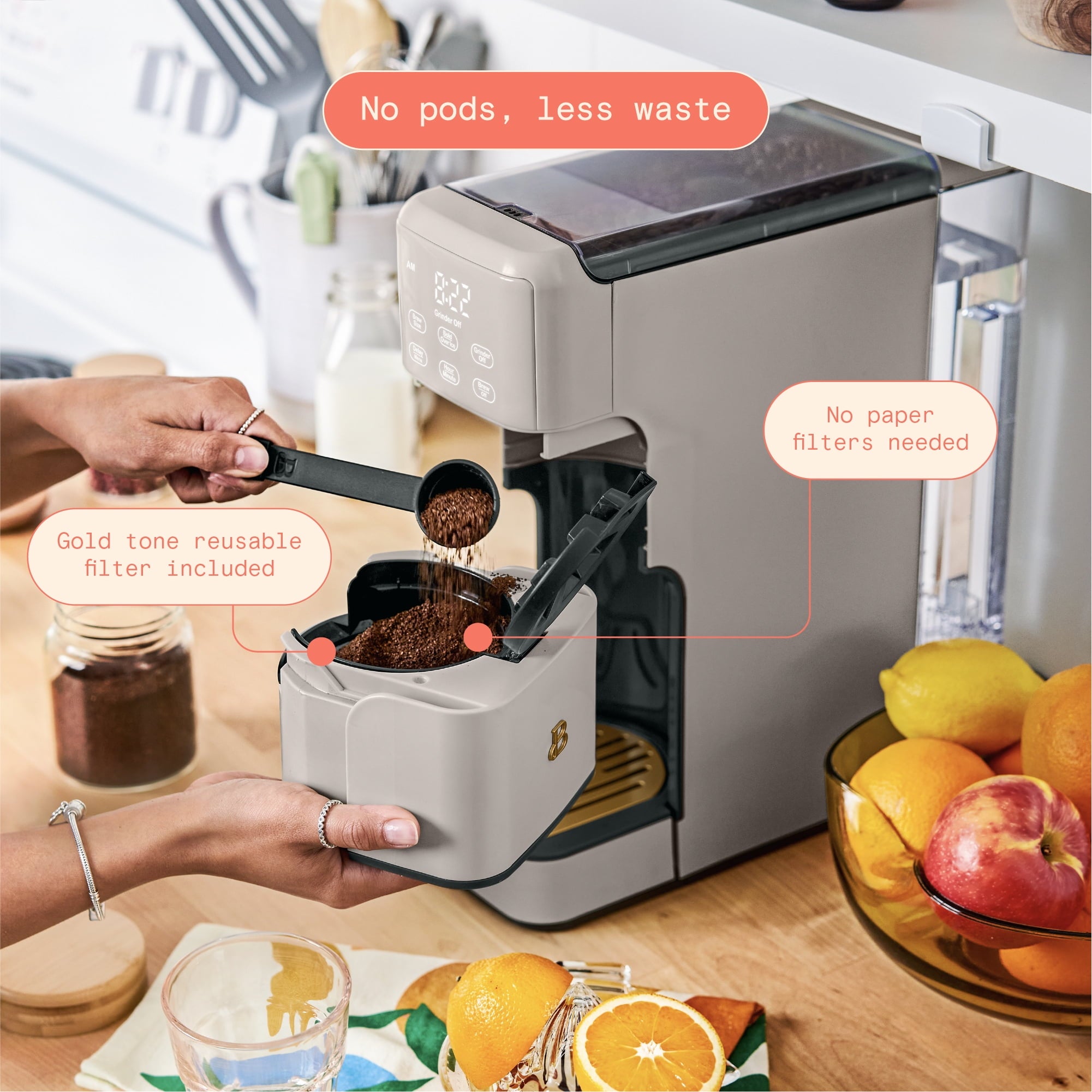 Beautiful Perfect Grind™ Programmable Single Serve Coffee Maker with Build-In Grinder, White Icing by Drew Barrymore