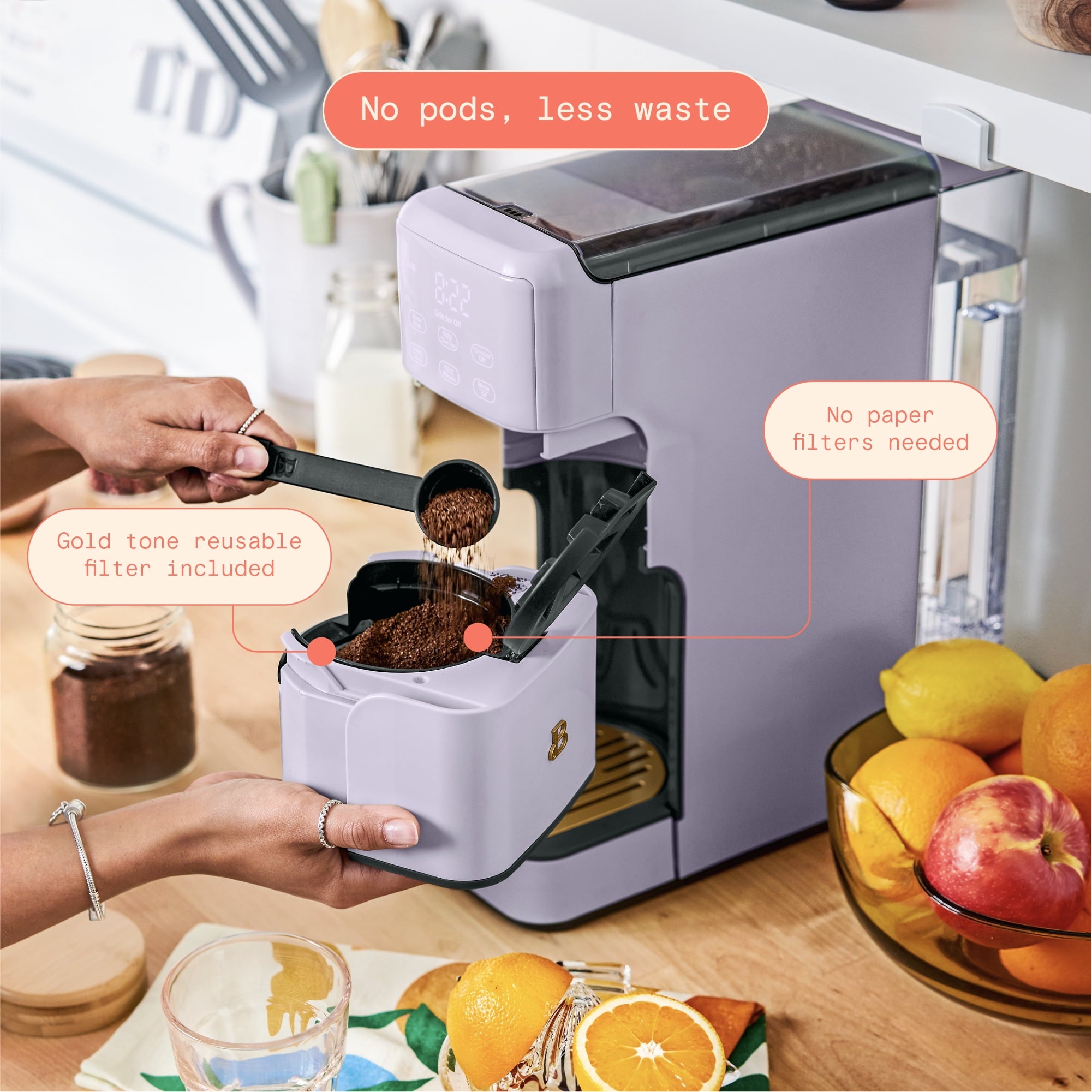 Beautiful Perfect Grind™ Programmable Single Serve Coffee Maker with Build-In Grinder, White Icing by Drew Barrymore