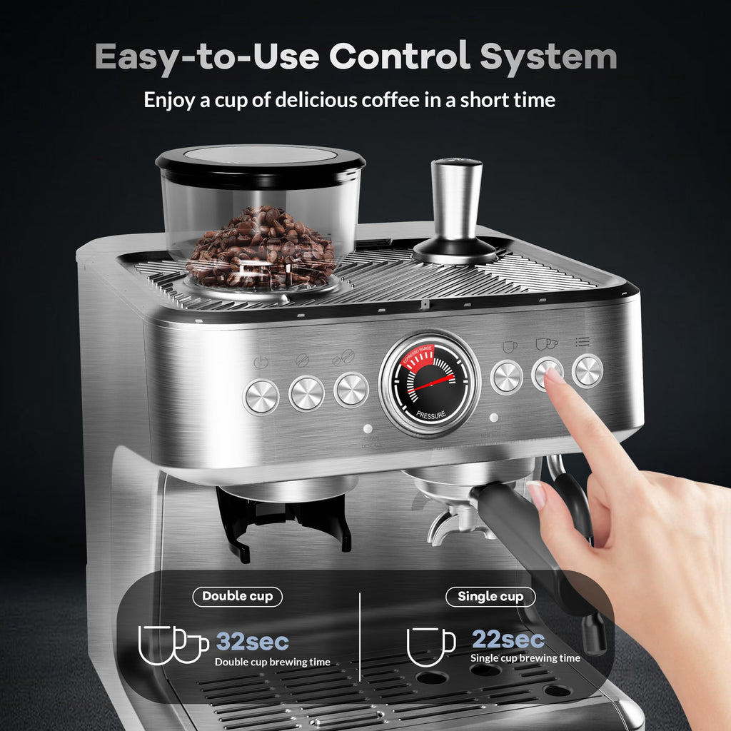 Kicctian 20 Bar Semi-Automatic Coffee Maker with Built-In Grinder, 30 Grind Settings, Large 2.8L Removable Water Tank, Milk Frother & Steam Wand for Latte & Cappuccino