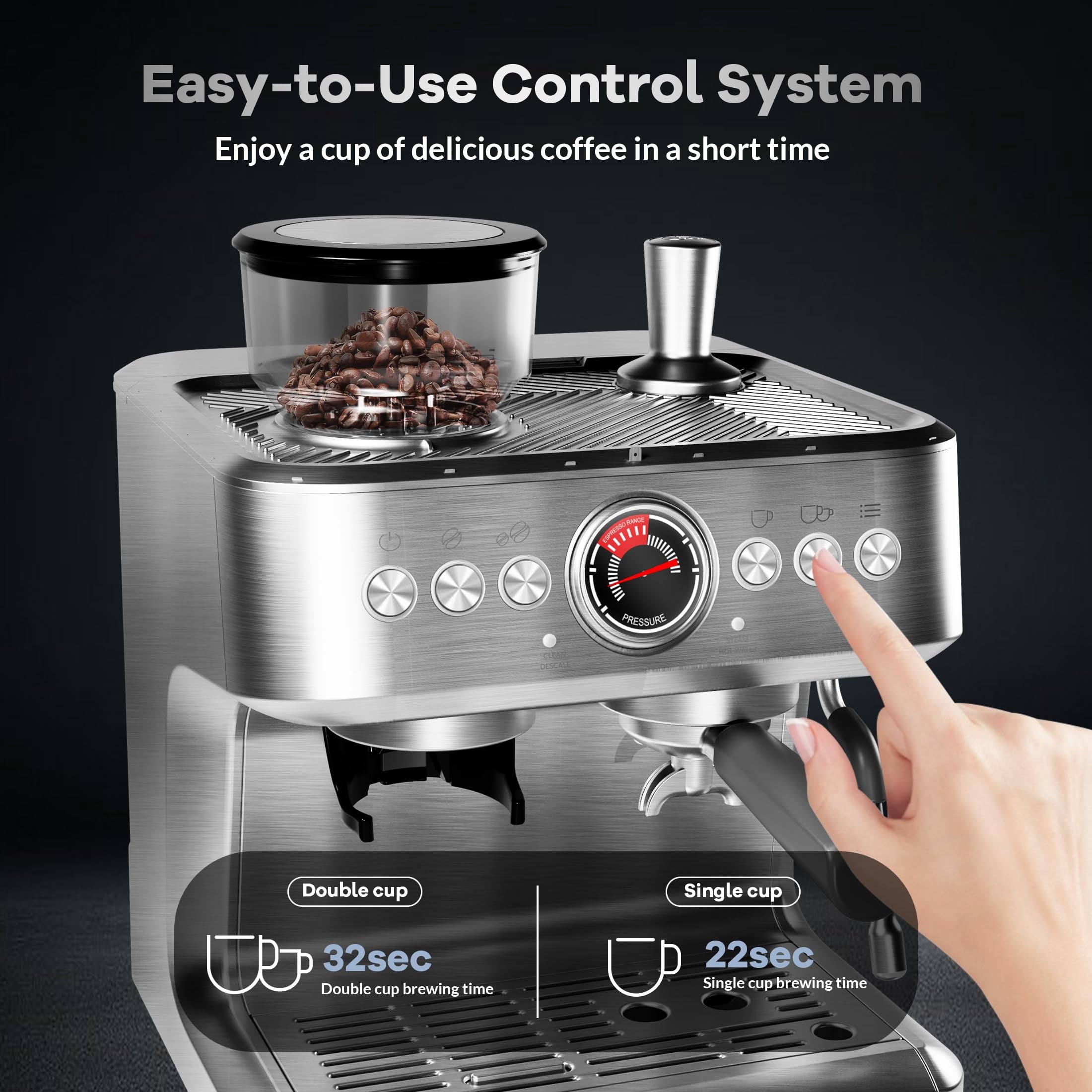 Kicctian 20 Bar Semi-Automatic Coffee Maker with Built-In Grinder, 30 Grind Settings, Large 2.8L Removable Water Tank, Milk Frother & Steam Wand for Latte & Cappuccino