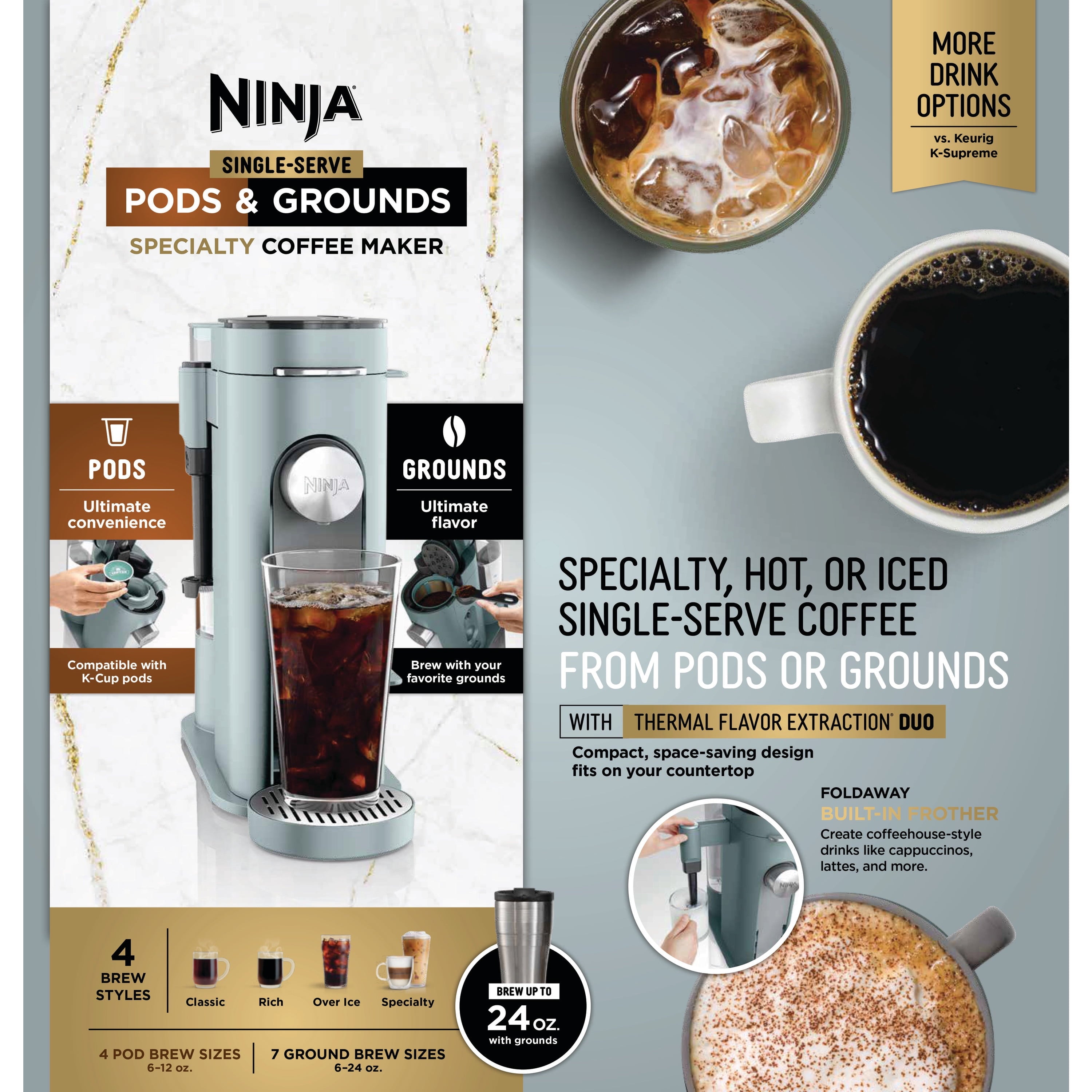 Ninja Pods & Grounds Specialty Single-Serve Coffee Maker, K-Cup Pod Compatible, Built-In Milk Frother, PB051, Black