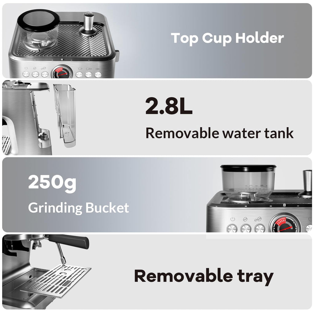 Kicctian 20 Bar Semi-Automatic Coffee Maker with Built-In Grinder, 30 Grind Settings, Large 2.8L Removable Water Tank, Milk Frother & Steam Wand for Latte & Cappuccino