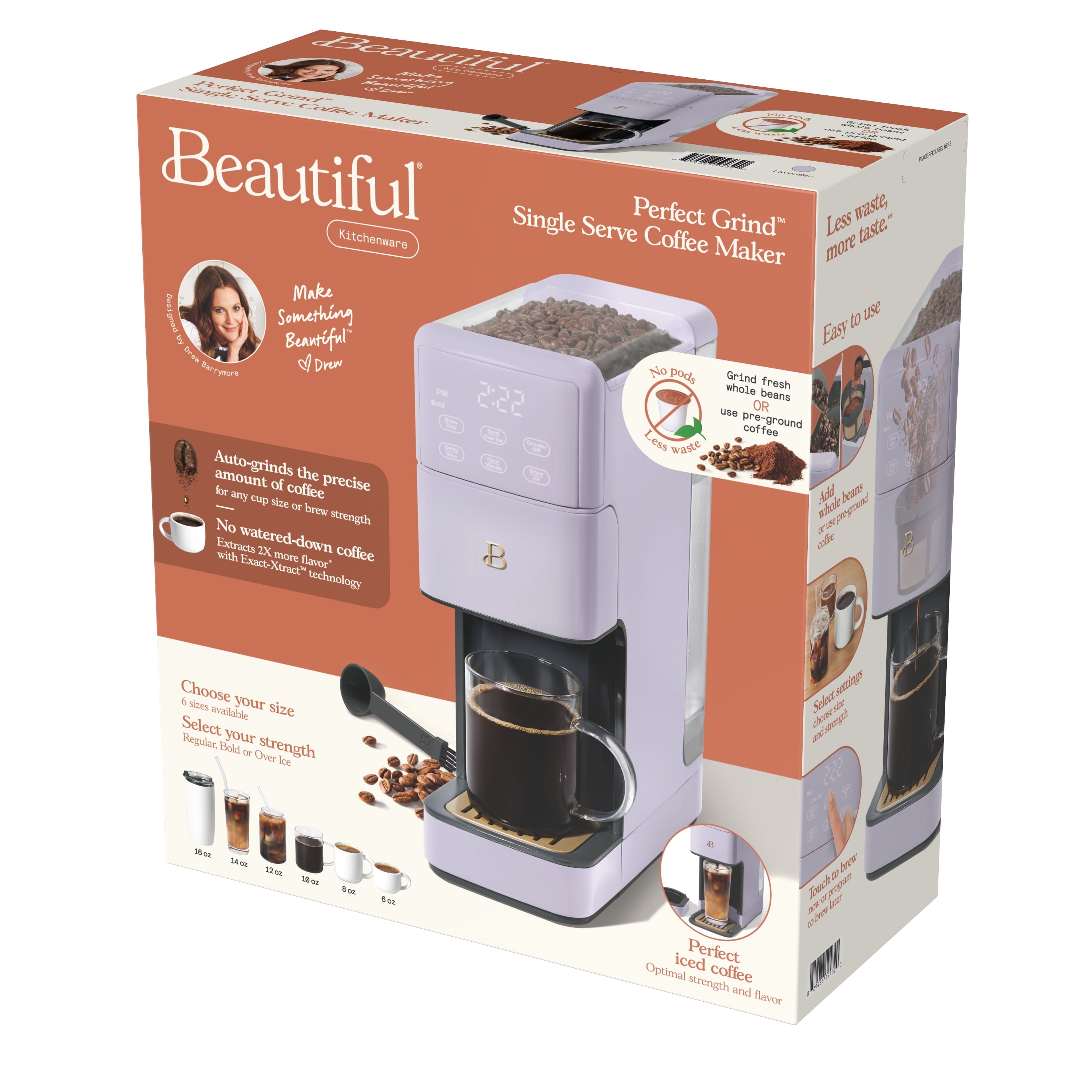Beautiful Perfect Grind™ Programmable Single Serve Coffee Maker with Build-In Grinder, White Icing by Drew Barrymore