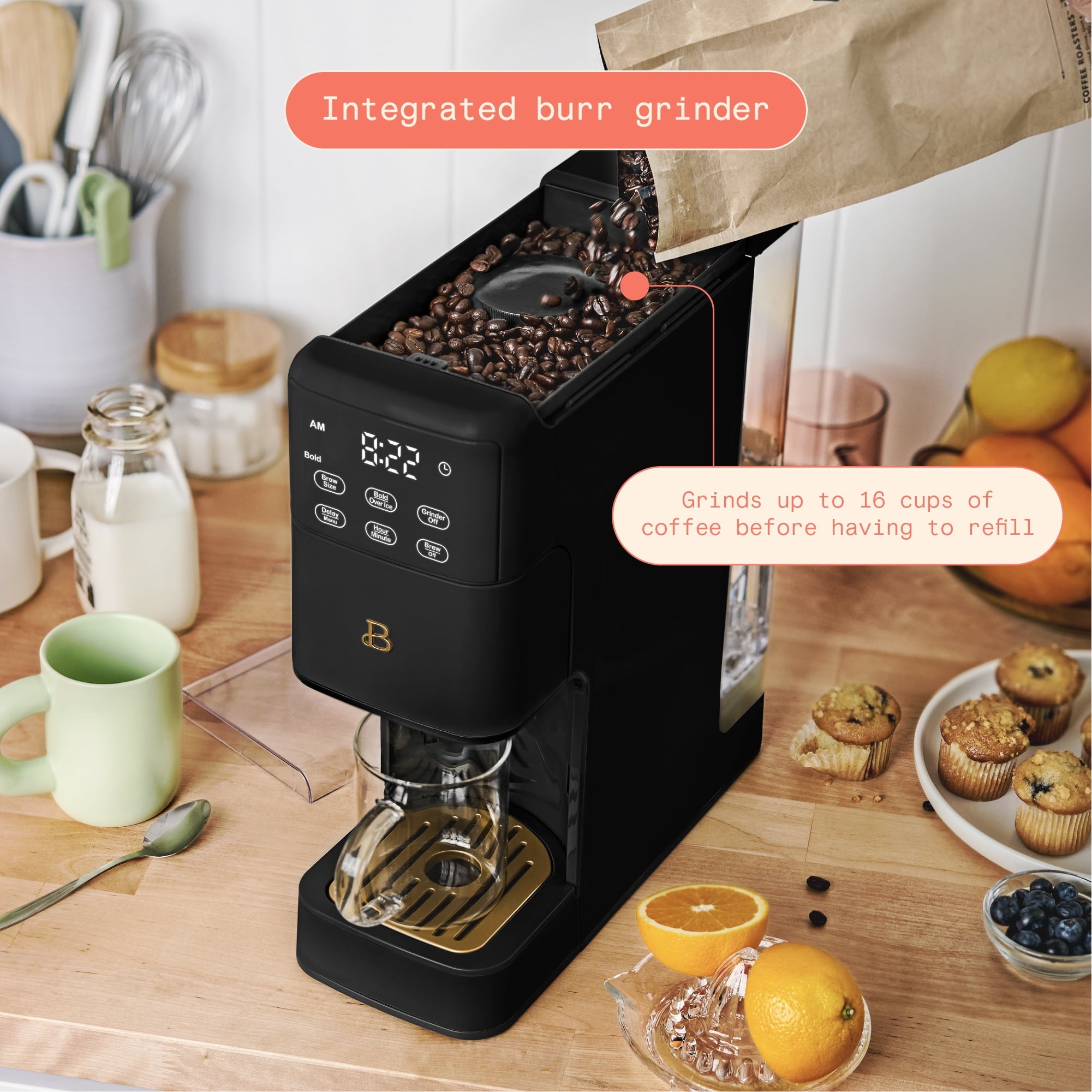 Beautiful Perfect Grind™ Programmable Single Serve Coffee Maker with Build-In Grinder, White Icing by Drew Barrymore