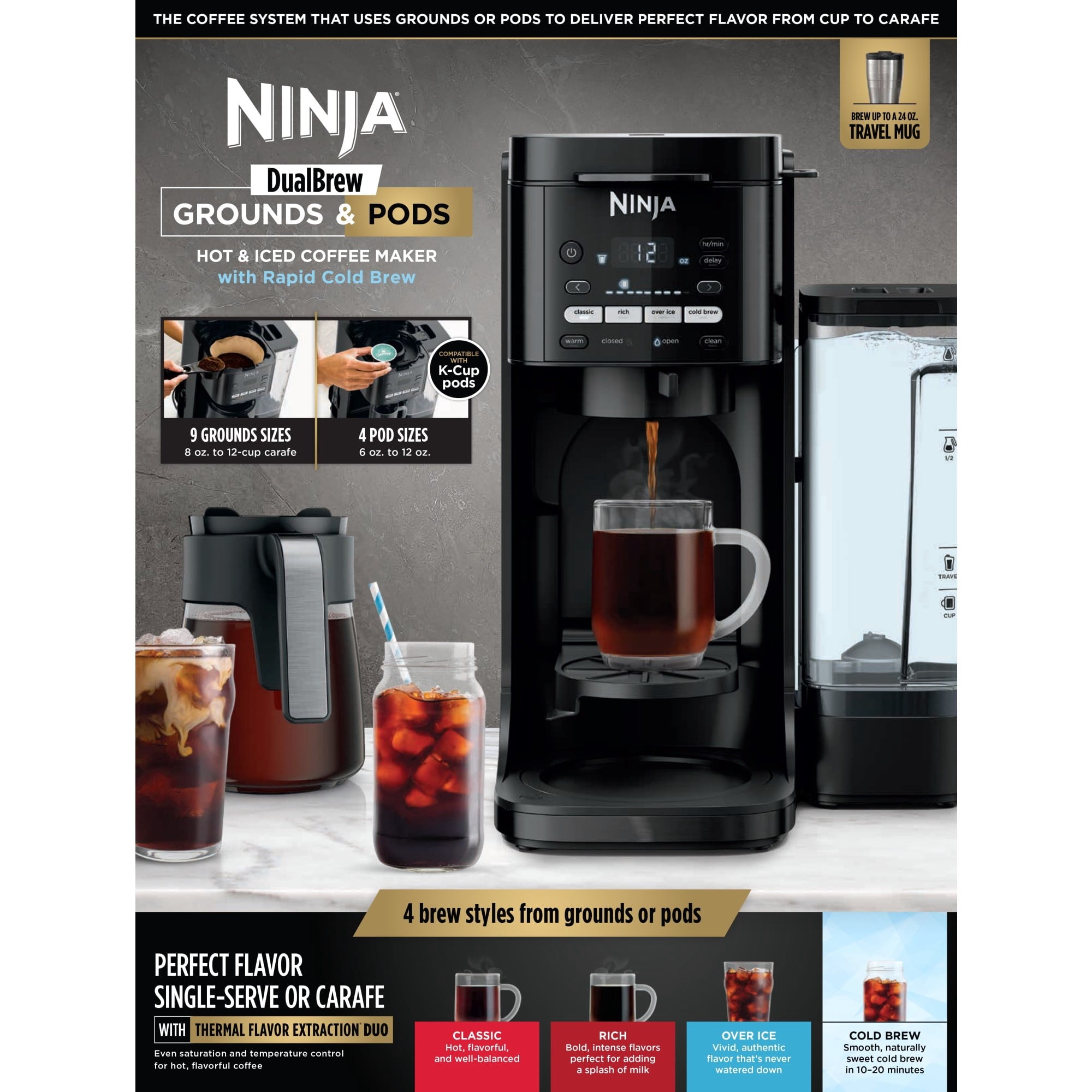 Ninja DualBrew Hot & Iced 12-Cup Drip Coffee Maker, K-Cup Compatible, Rapid Cold Brew, CFP150, Black