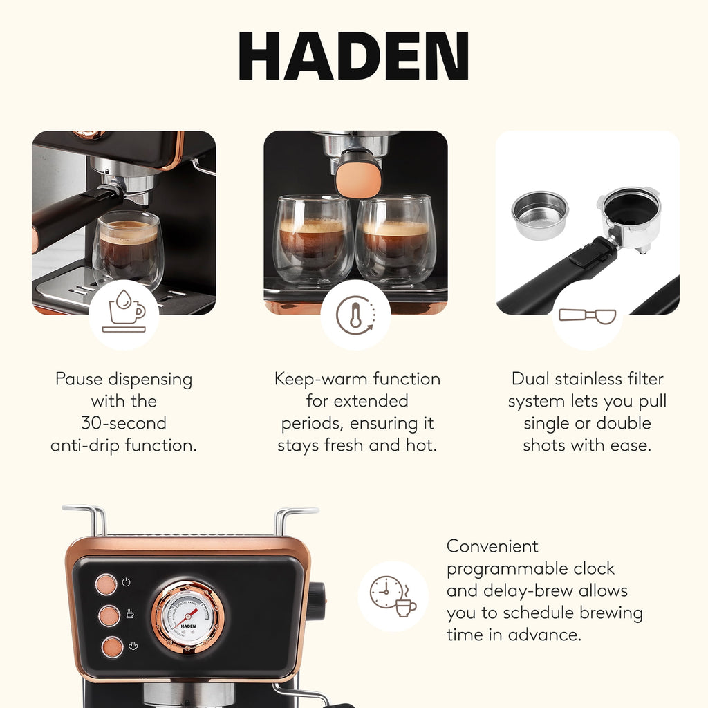 Haden Barista Brew Espresso Coffee Machine w/Froth Function, Black & Copper
