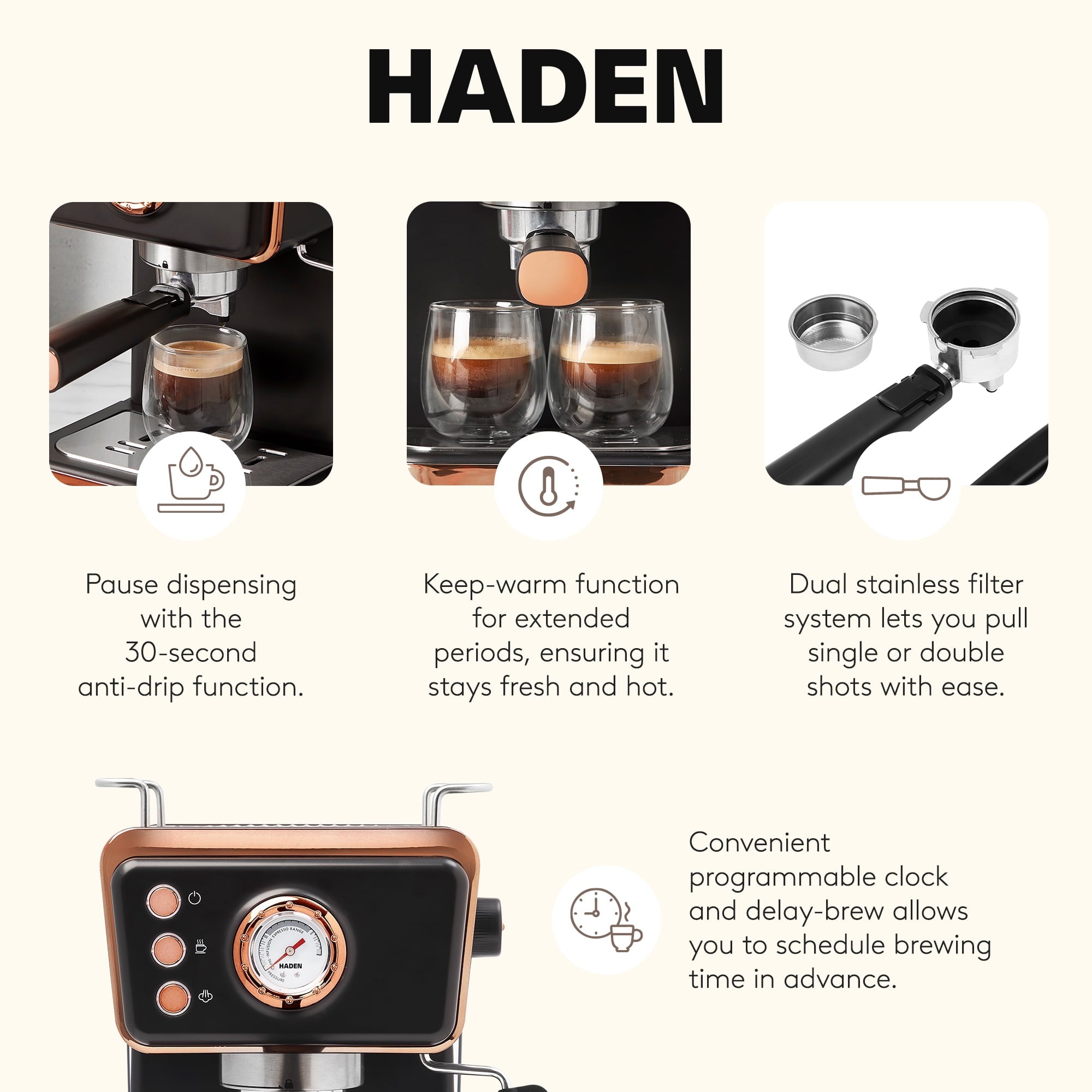 Haden Barista Brew Espresso Coffee Machine w/Froth Function, Black & Copper
