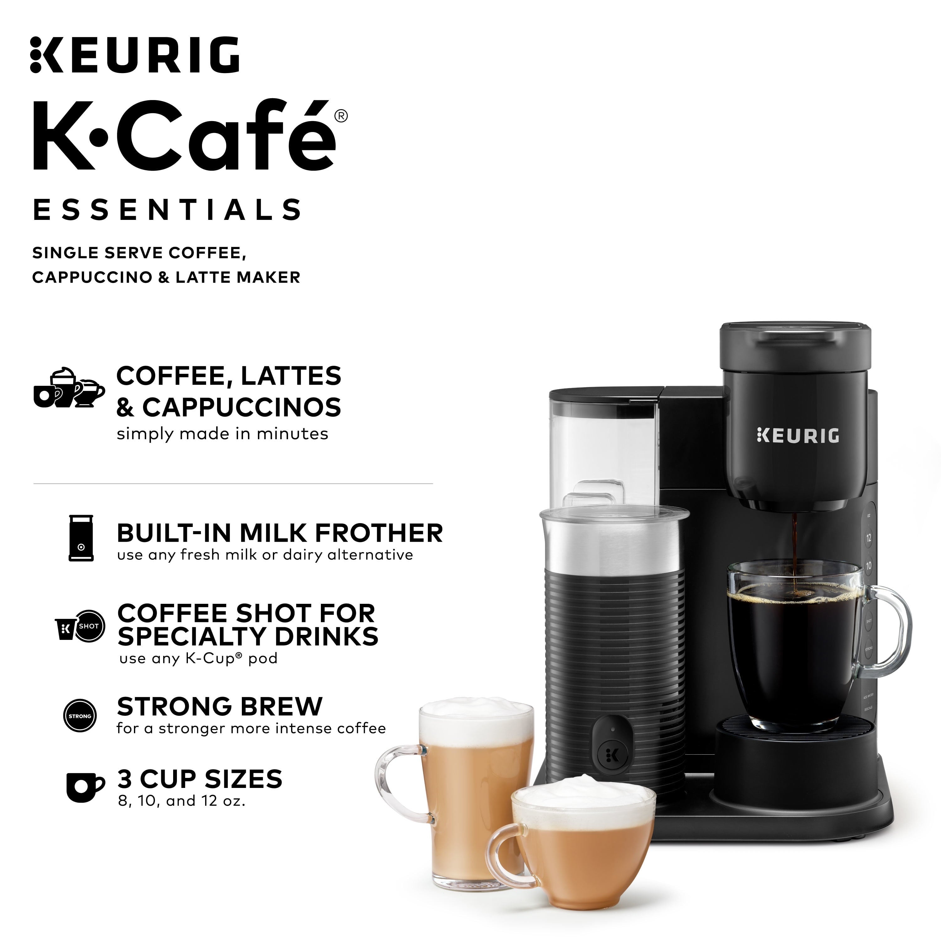Keurig K-Cafe Essentials Single-Serve K-Cup Pod Coffee, Latte and Cappuccino Maker with Built-In Frother, Black