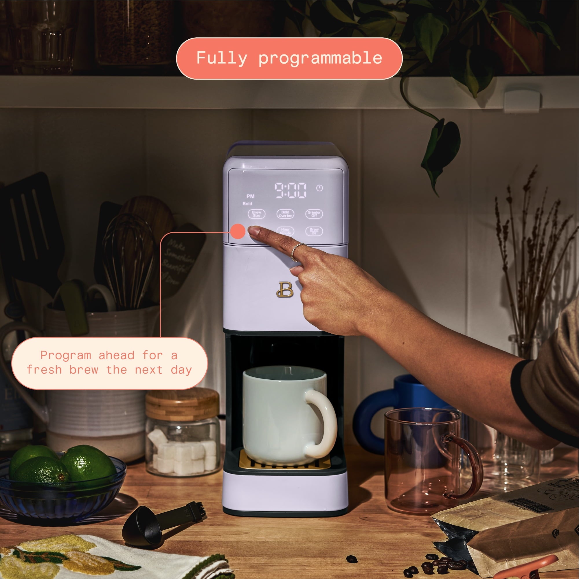 Beautiful Perfect Grind™ Programmable Single Serve Coffee Maker with Build-In Grinder, White Icing by Drew Barrymore