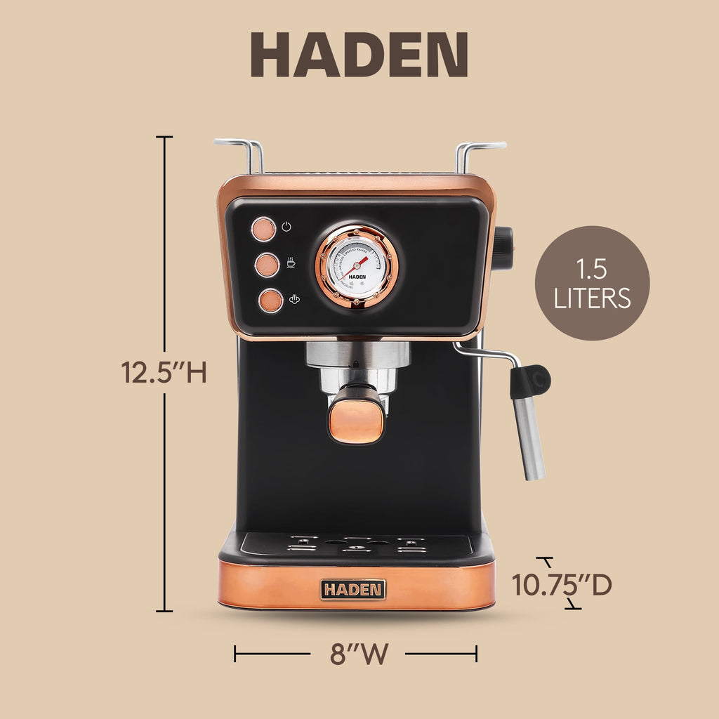 Haden Barista Brew Espresso Coffee Machine w/Froth Function, Black & Copper