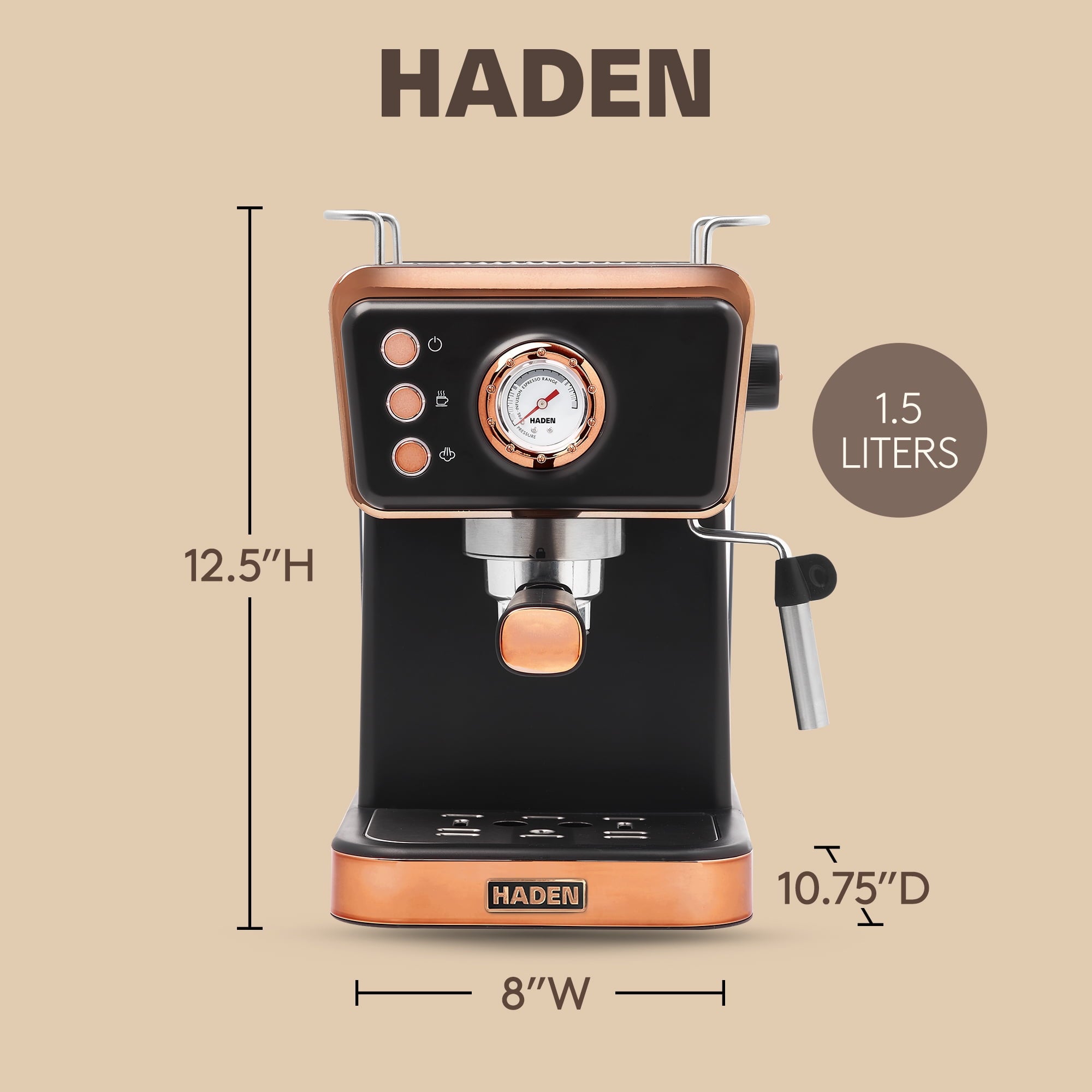 Haden Barista Brew Espresso Coffee Machine w/Froth Function, Black & Copper